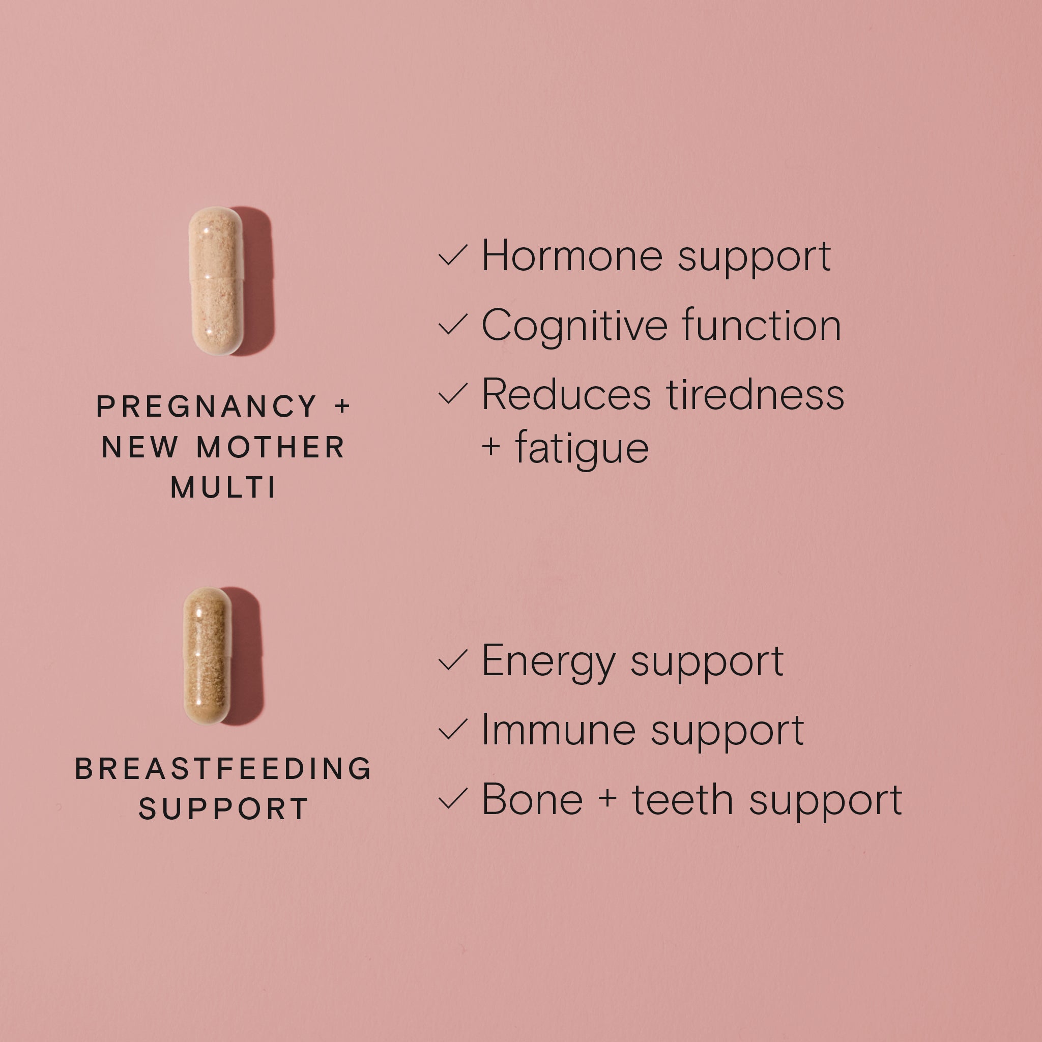 Image of Breastfeeding Support Duo showing capsules with benefits: energy, immune, bone and hormone support.