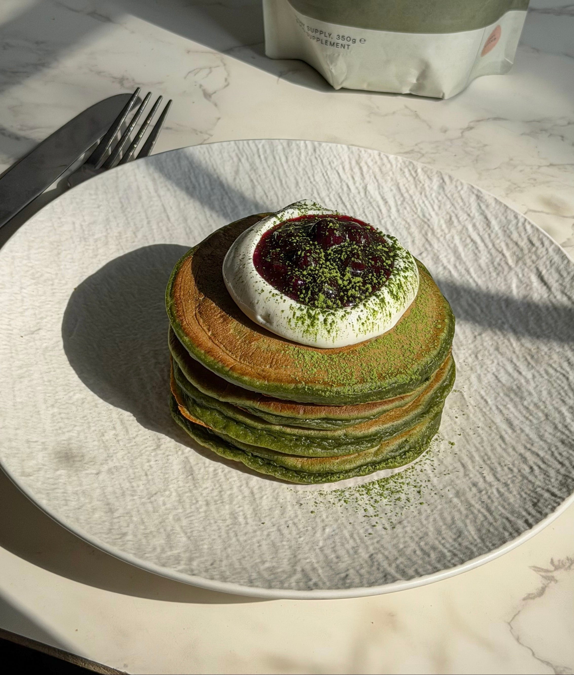 Matcha Blueberry Protein Pancakes