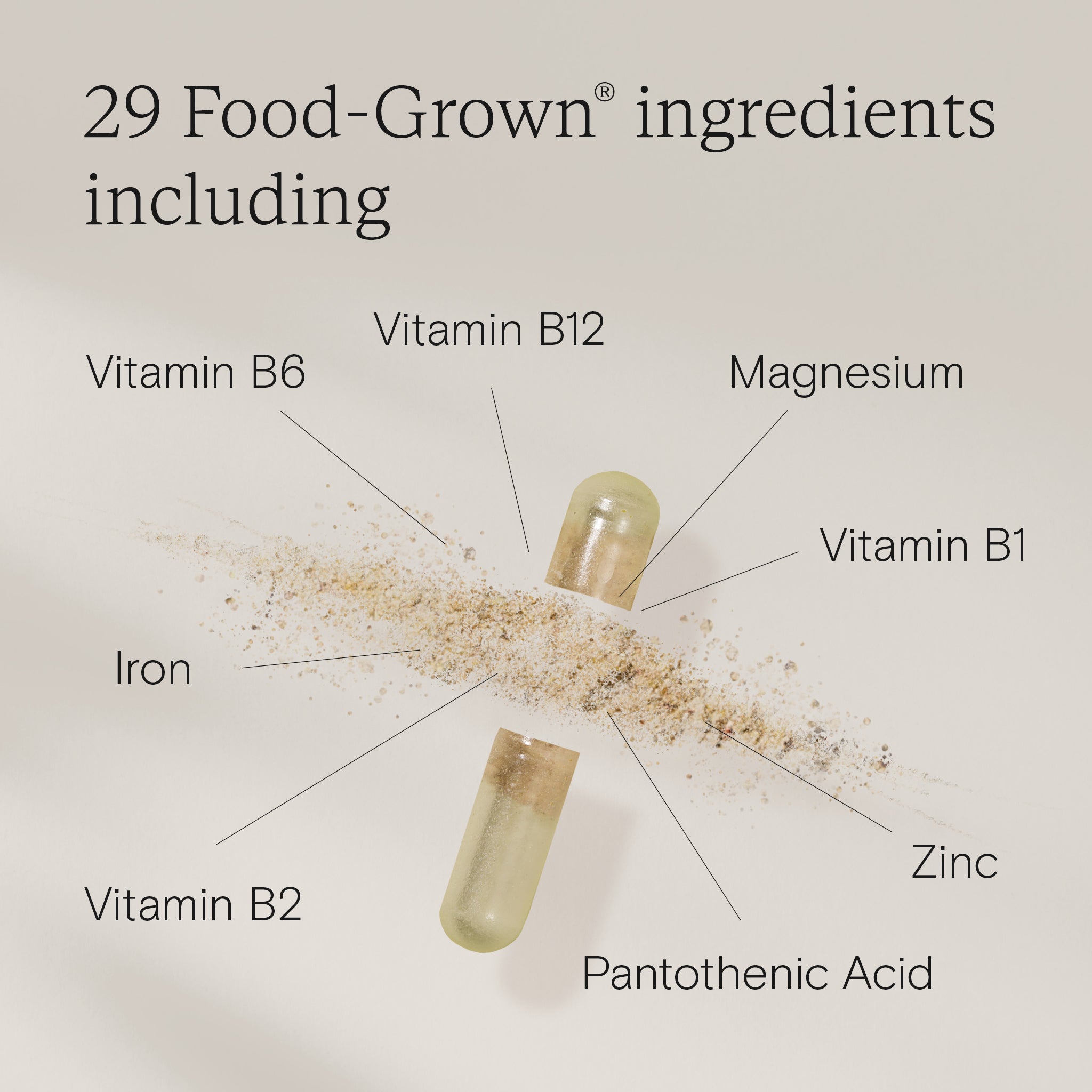 Image of Energy Support capsules showcasing diverse Food-Grown® ingredients like vitamins, minerals, and herbs.