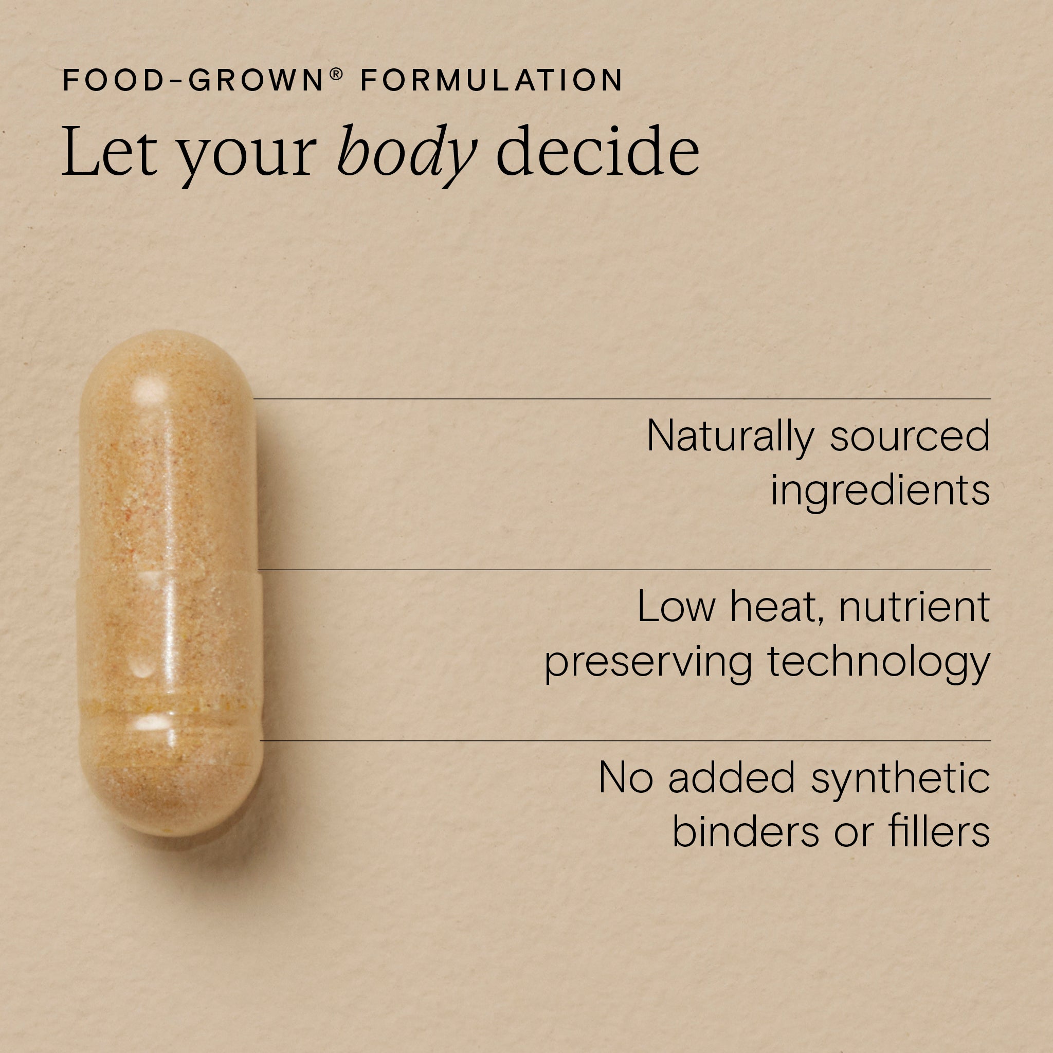 Image of a food-grown capsule highlighting natural ingredients and no synthetic fillers.