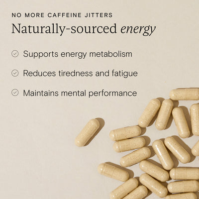 Energy Support supplement capsules promoting natural energy, reducing fatigue, and enhancing mental performance.