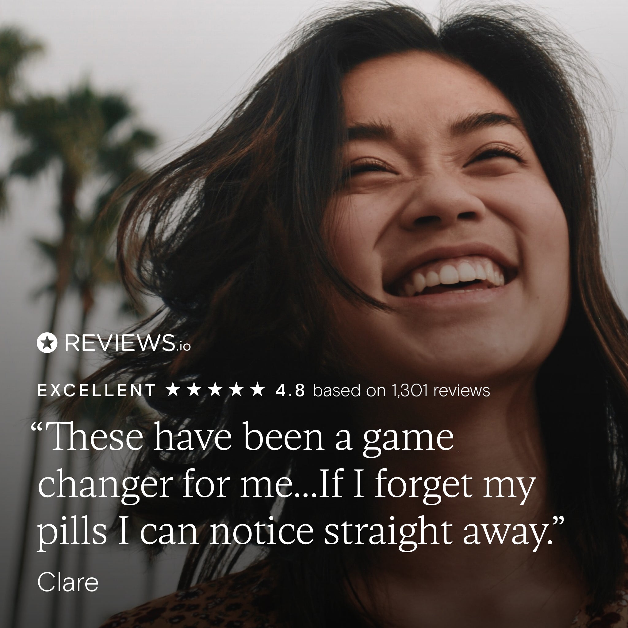 Smiling woman sharing her positive testimonial about Energy Support product benefits.