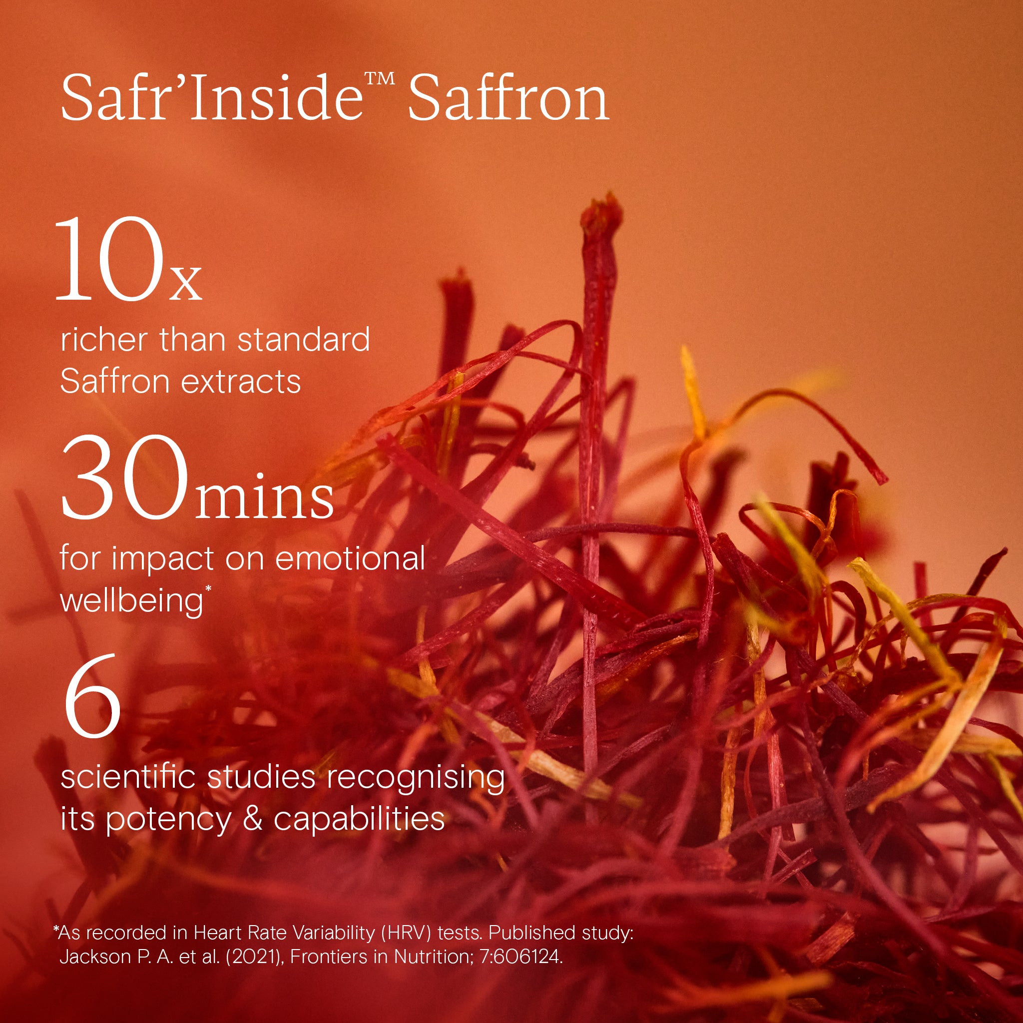 A photo of Wild Nutrition's Safr'Inside™ Saffron with text explaining the benefits on emotional wellbeing and its potency