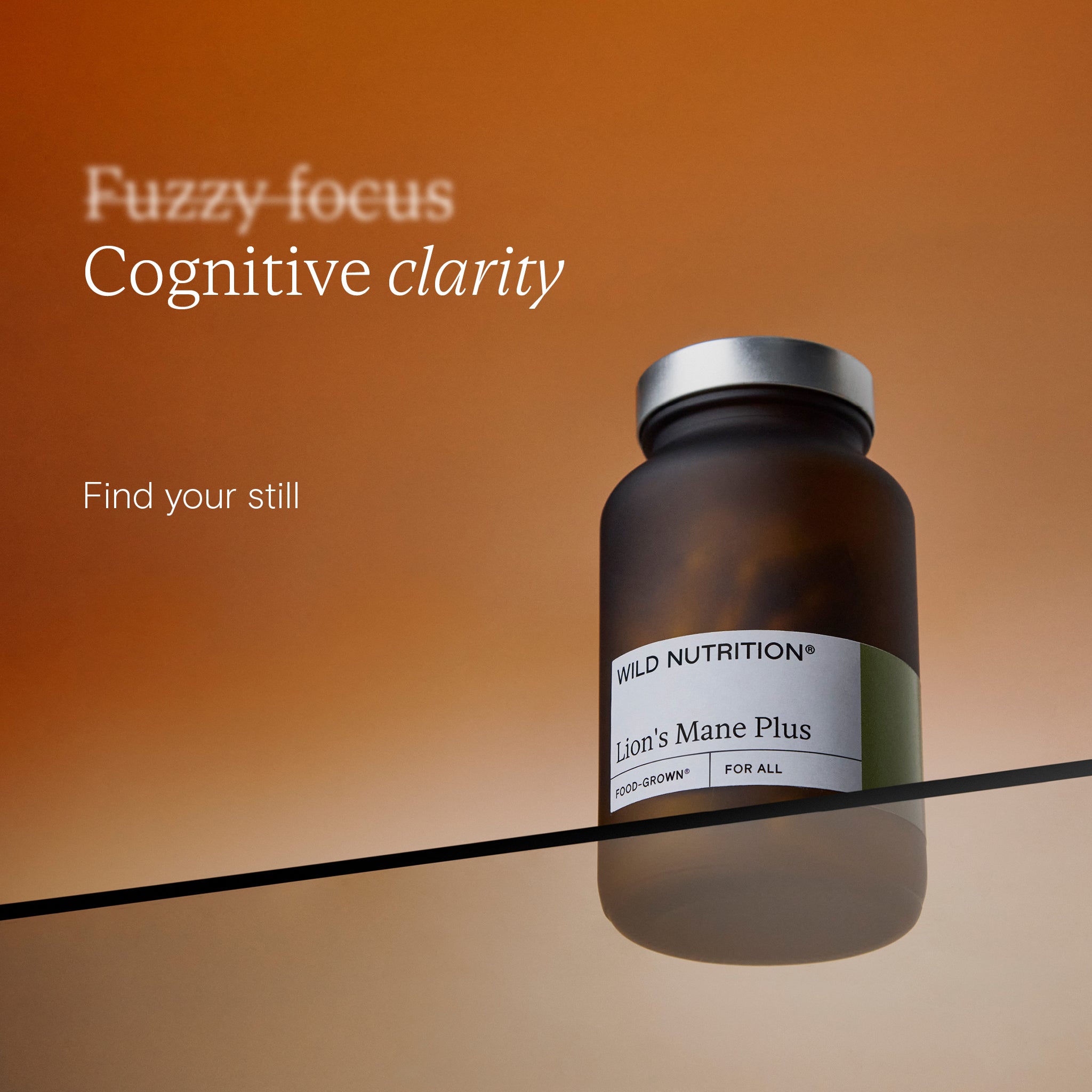Photo of a jar of Wild Nutrition's Lion's Mane Plus, promoting cognitive clarity