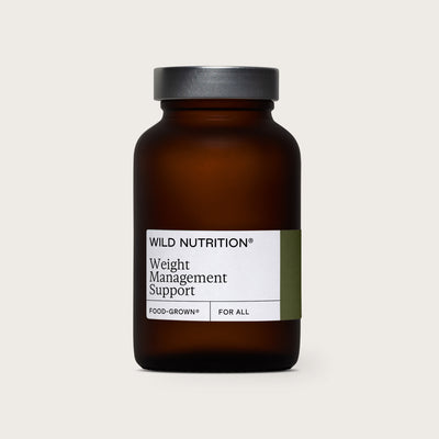 Weight Management Support supplement by Wild Nutrition in an amber glass jar, emphasizing food-grown ingredients for effective weight loss.