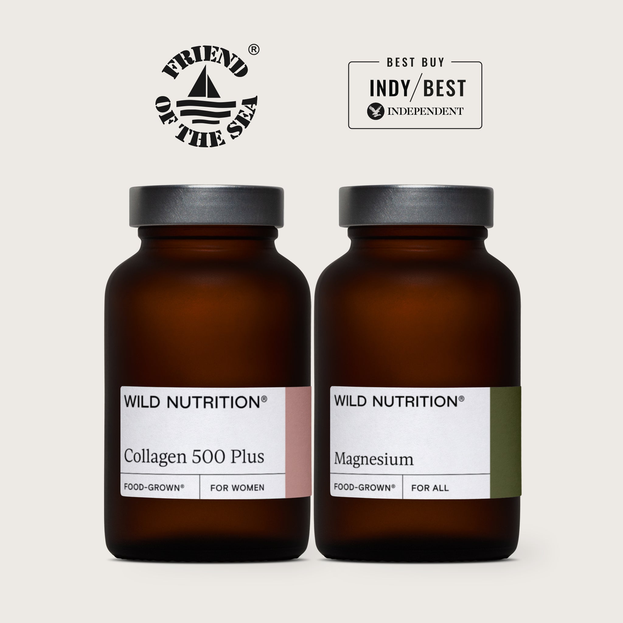 Wild Nutrition Beauty Sleep Duo featuring Food-Grown® Magnesium and Collagen 500 Plus supplements in eco-friendly glass jars"