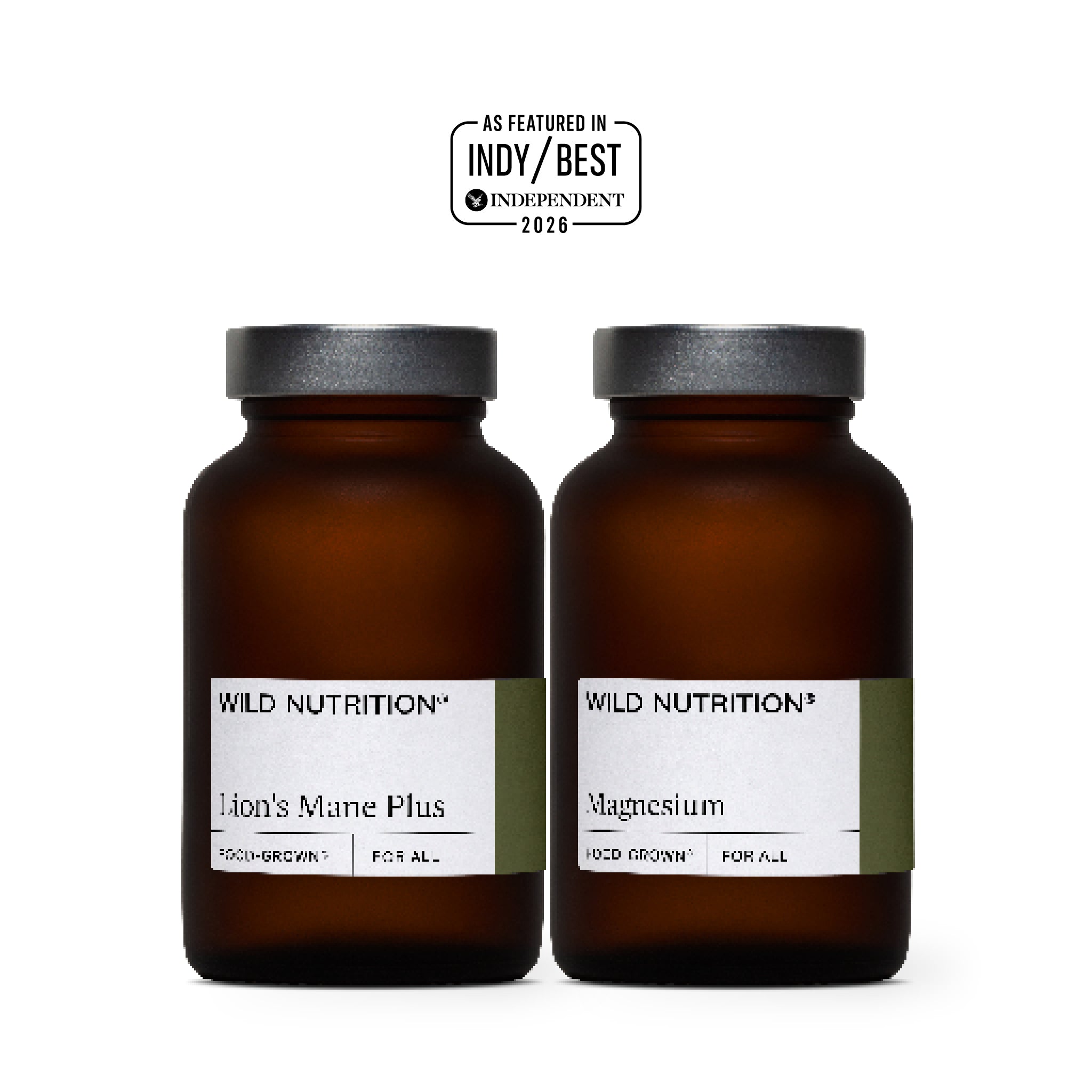 A jar of Wild Nutrition's Lion's Mane Plus and a jar of Wild Nutrition's Magnesium with the Indy/Best Independent 'Best Buy' tag