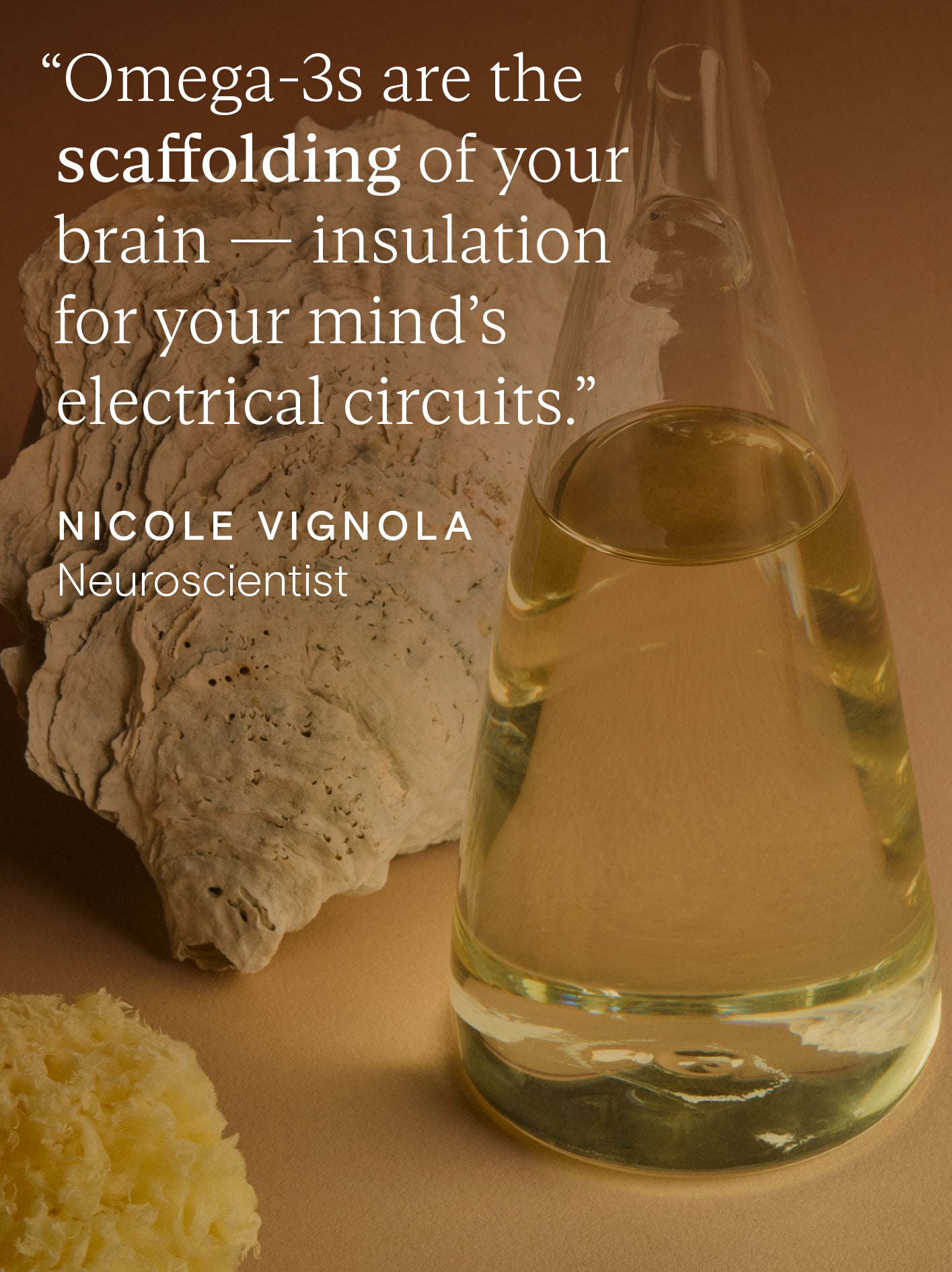 Bottle of omega 3 oil with a  brain health quote by Nicole Vignola on a brown background