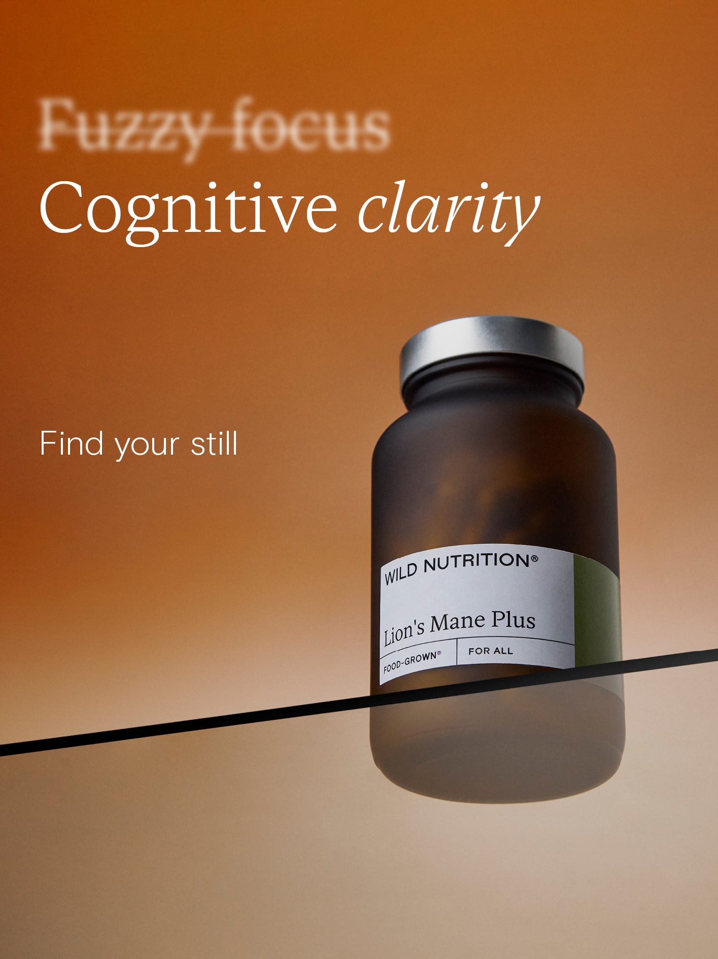 Jar of Wild Nutrition Lion's Mane Plus on a gradient background with text about cognitive clarity.