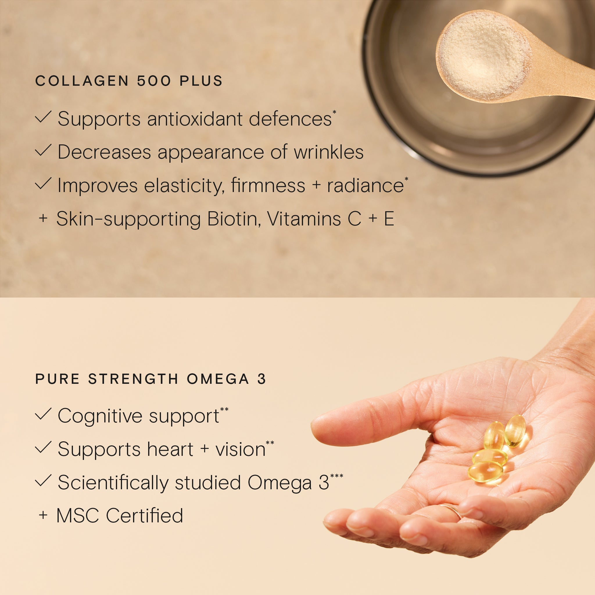 Benefits of Wild Nutrition Collagen 500 Plus and Pure Strength Omega 3 supplements including antioxidant protection, skin firmness, cognitive and heart support