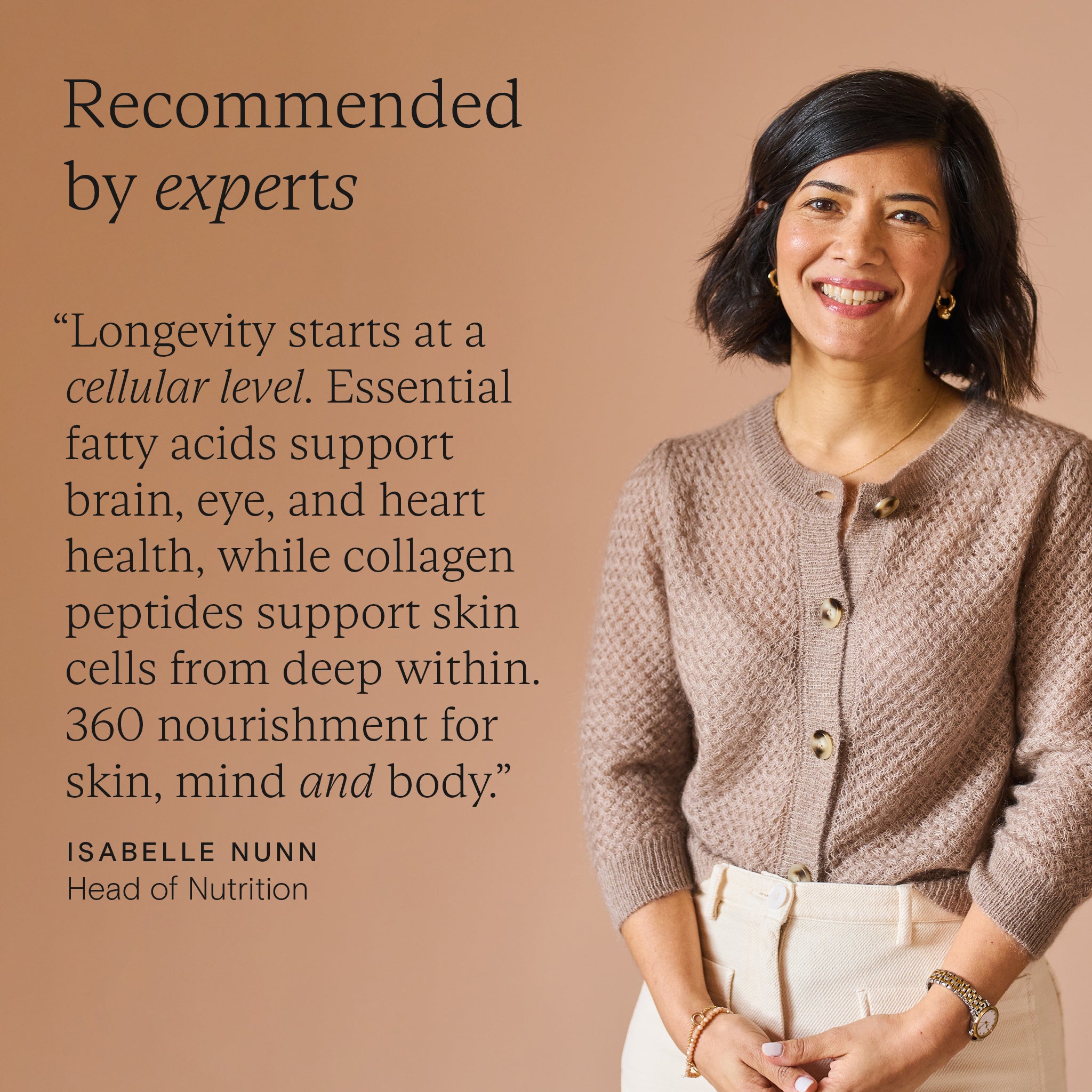 Head of Nutrition endorsing collagen and omega 3 supplements for skin, brain, and heart health, highlighting cellular nourishment benefits