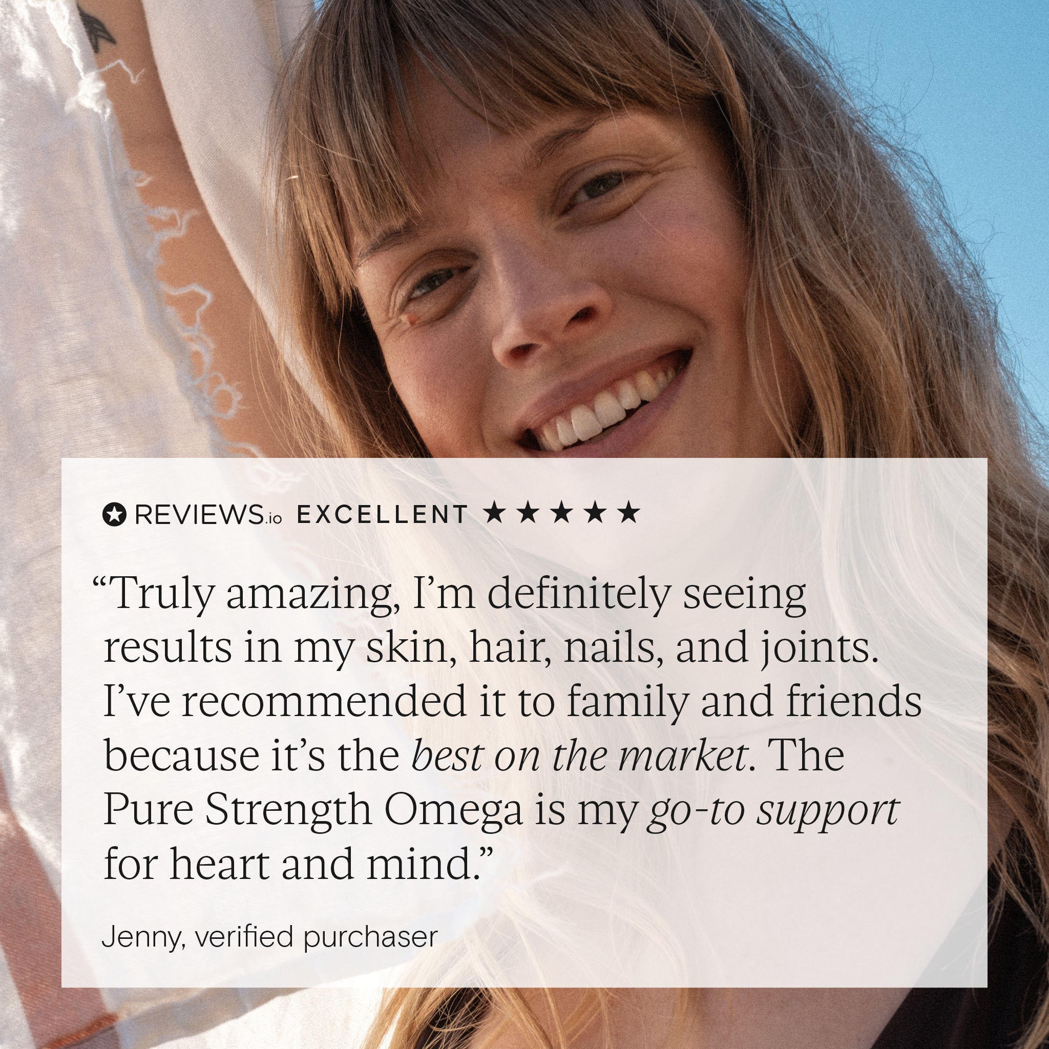 Positive customer review of Wild Nutrition Pure Strength Omega highlighting benefits for skin, hair, nails, joints, and mental clarity
