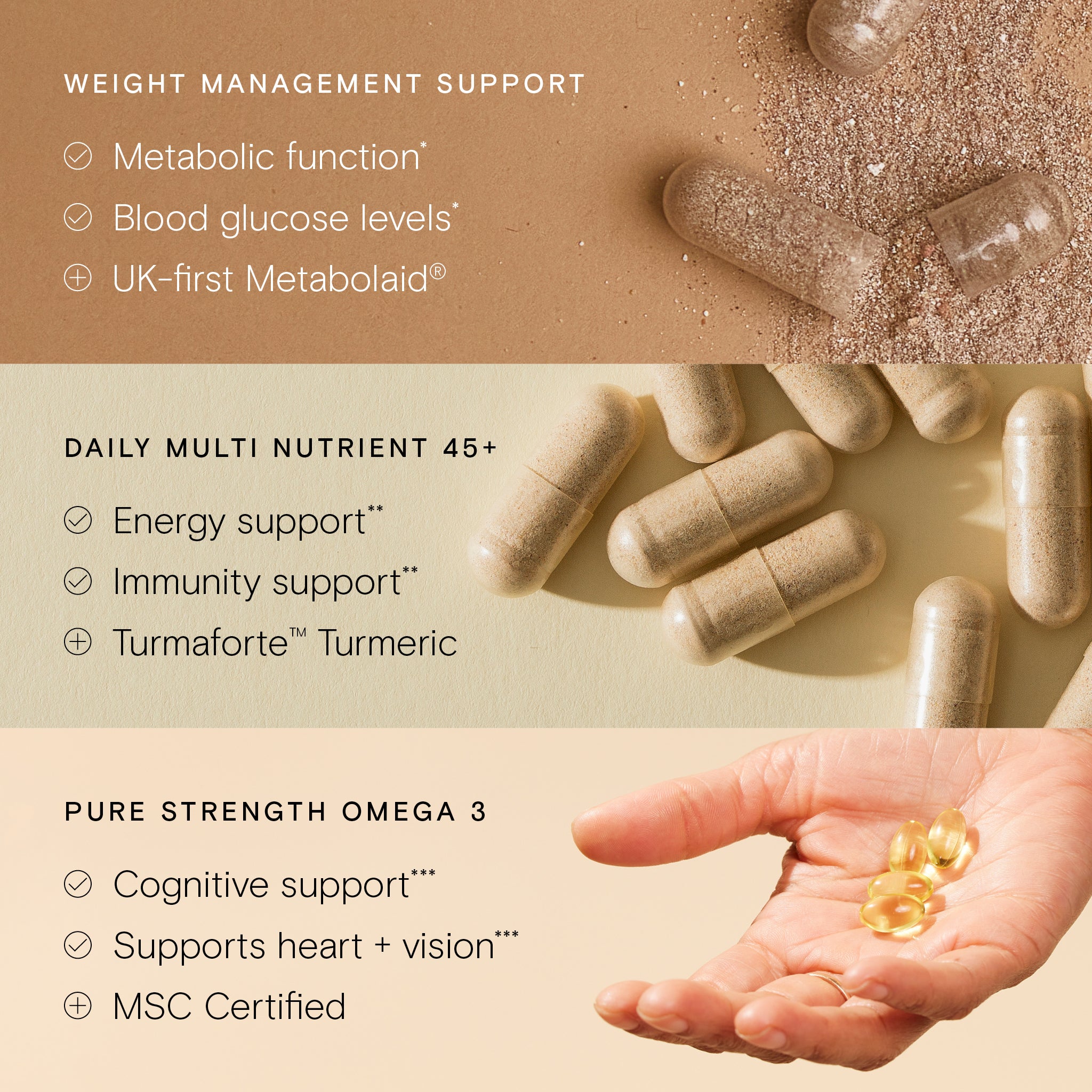 Supplement packaging with capsules and a hand holding pills on a beige background