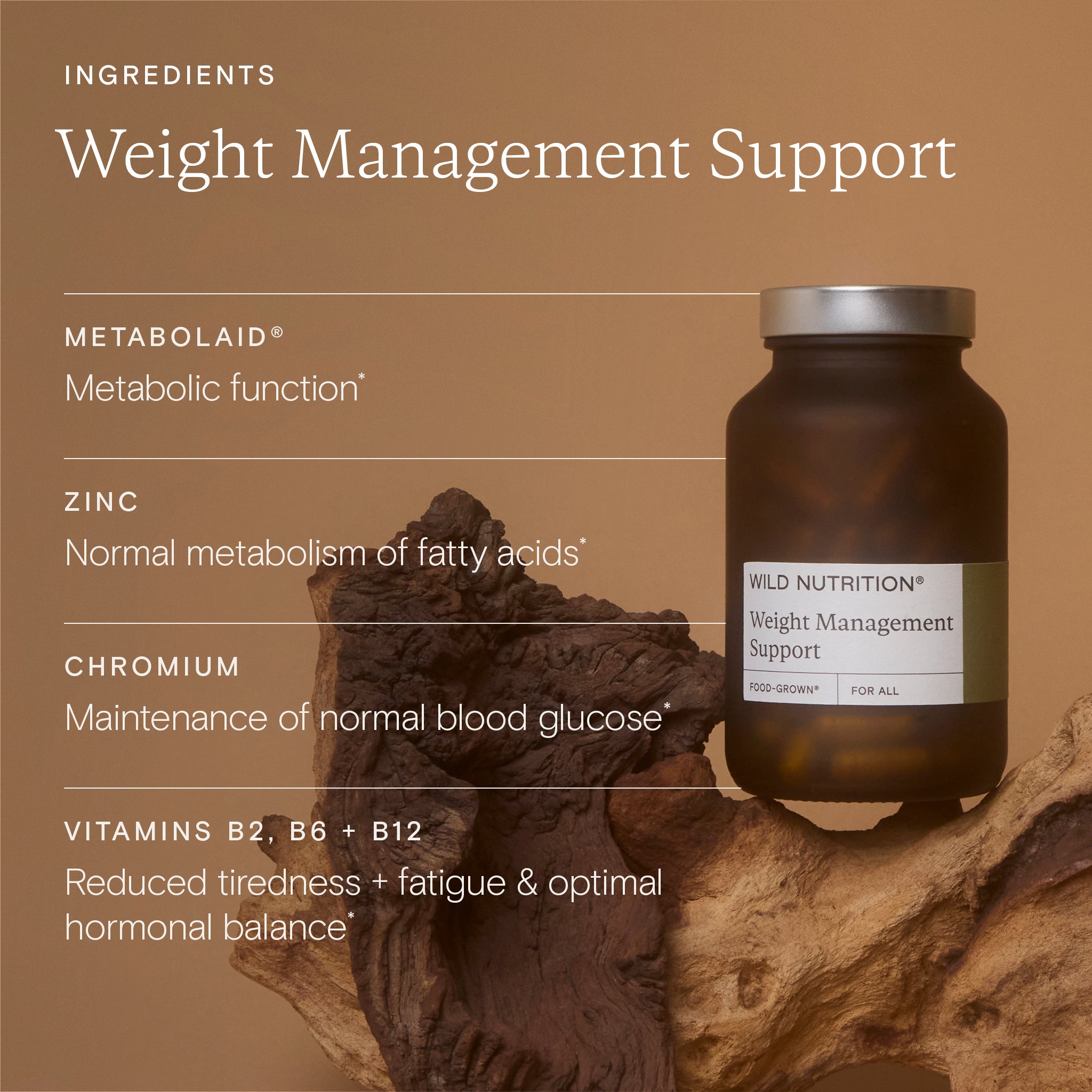 Weight management support supplement bottle with ingredients listed on a brown background