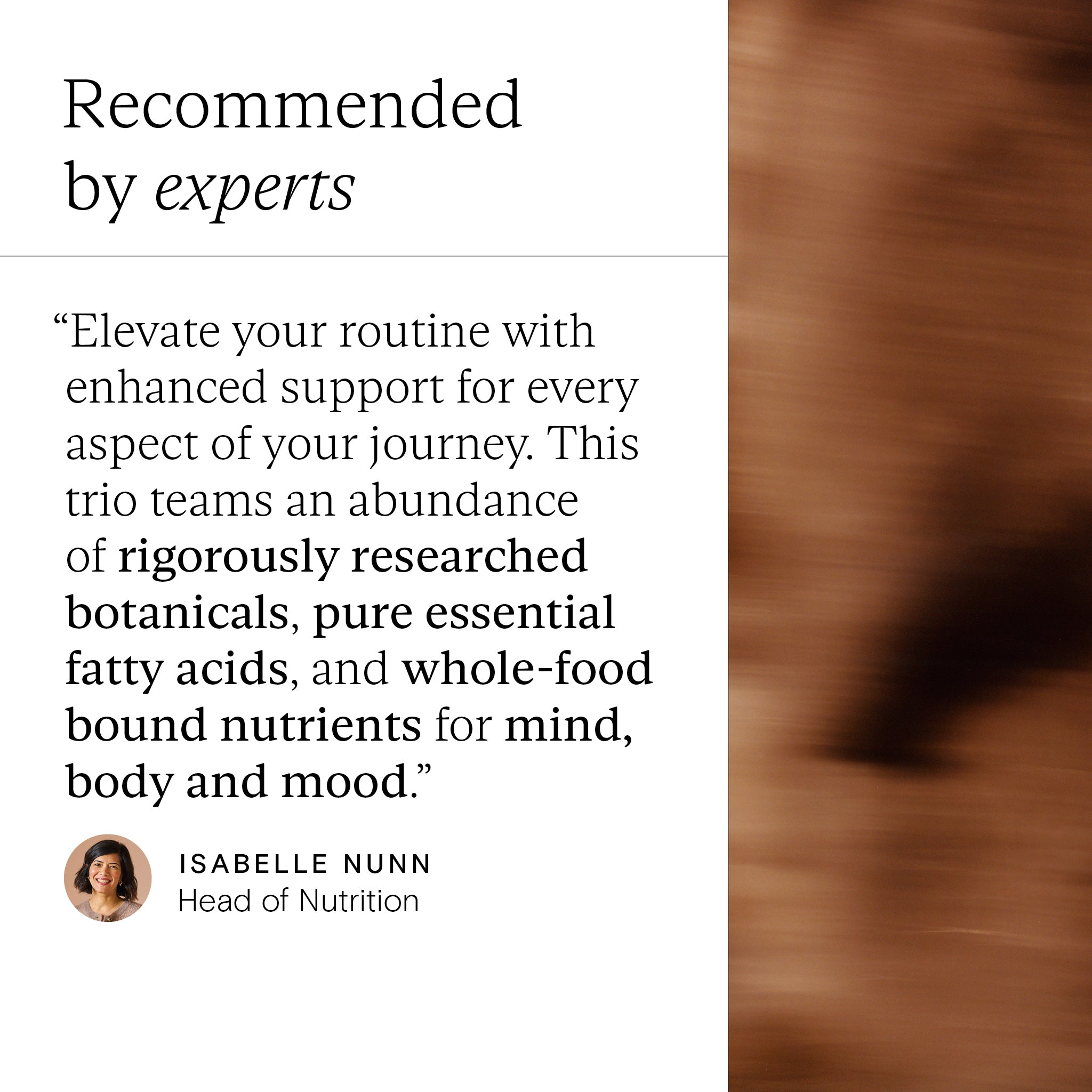 Text overlay on a blurred background with a quote from Isabelle Nunn, Head of Nutrition.