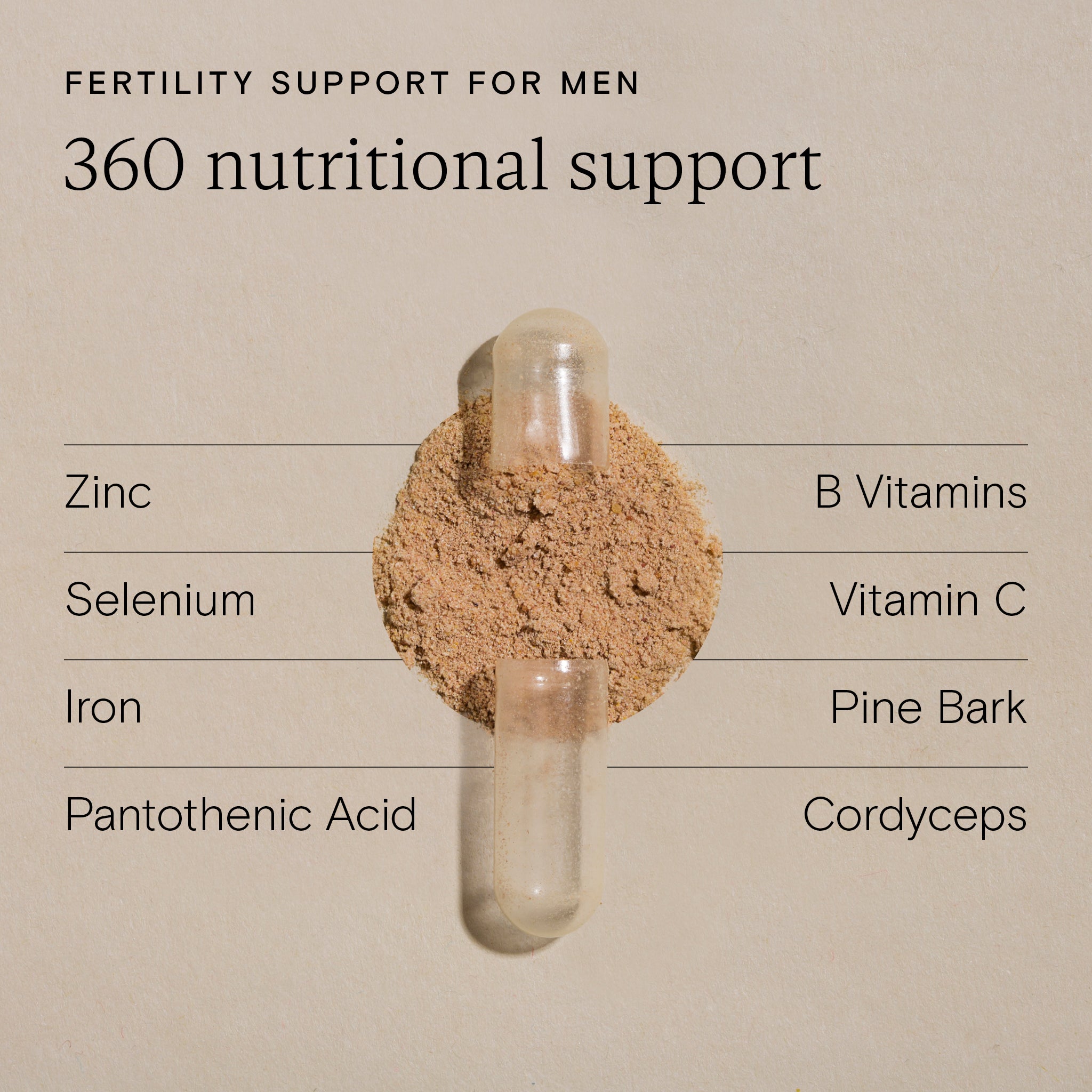 Wild Nutrition Fertility Support for men capsule opened to show ingredients like zinc, selenium, iron, pine bark, cordyceps, and B vitamins