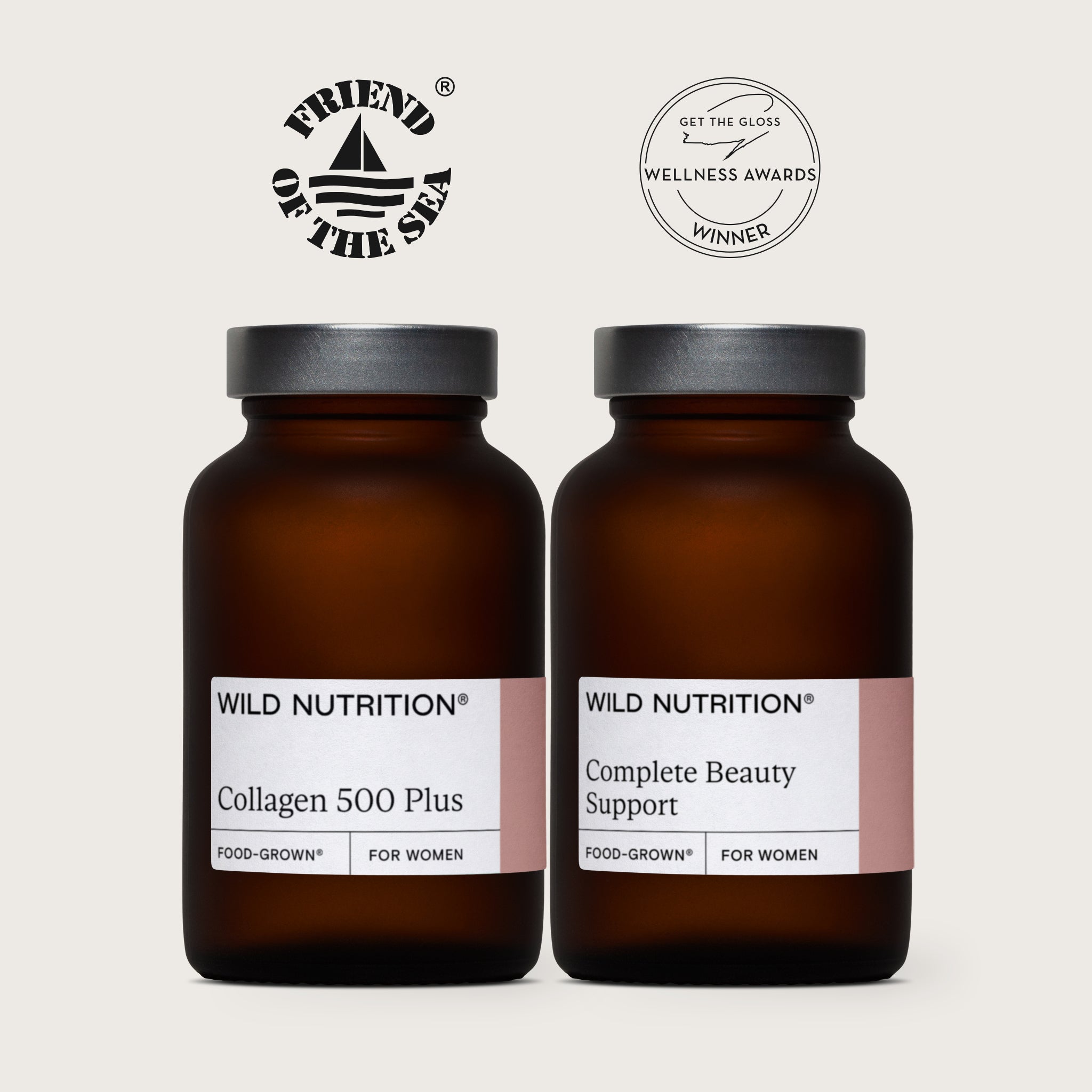 Wild Nutrition Future Skin Duo featuring Collagen 500 Plus and Complete Beauty Support in glass jars with Friend of the Sea and Get The Gloss Wellness Awards logos