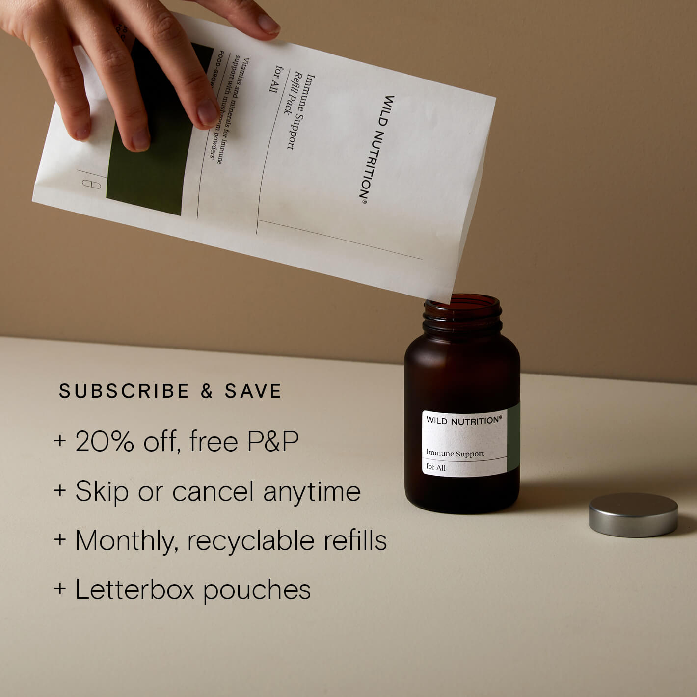 Natural Immune Support supplements with details on subscription service and refill options.