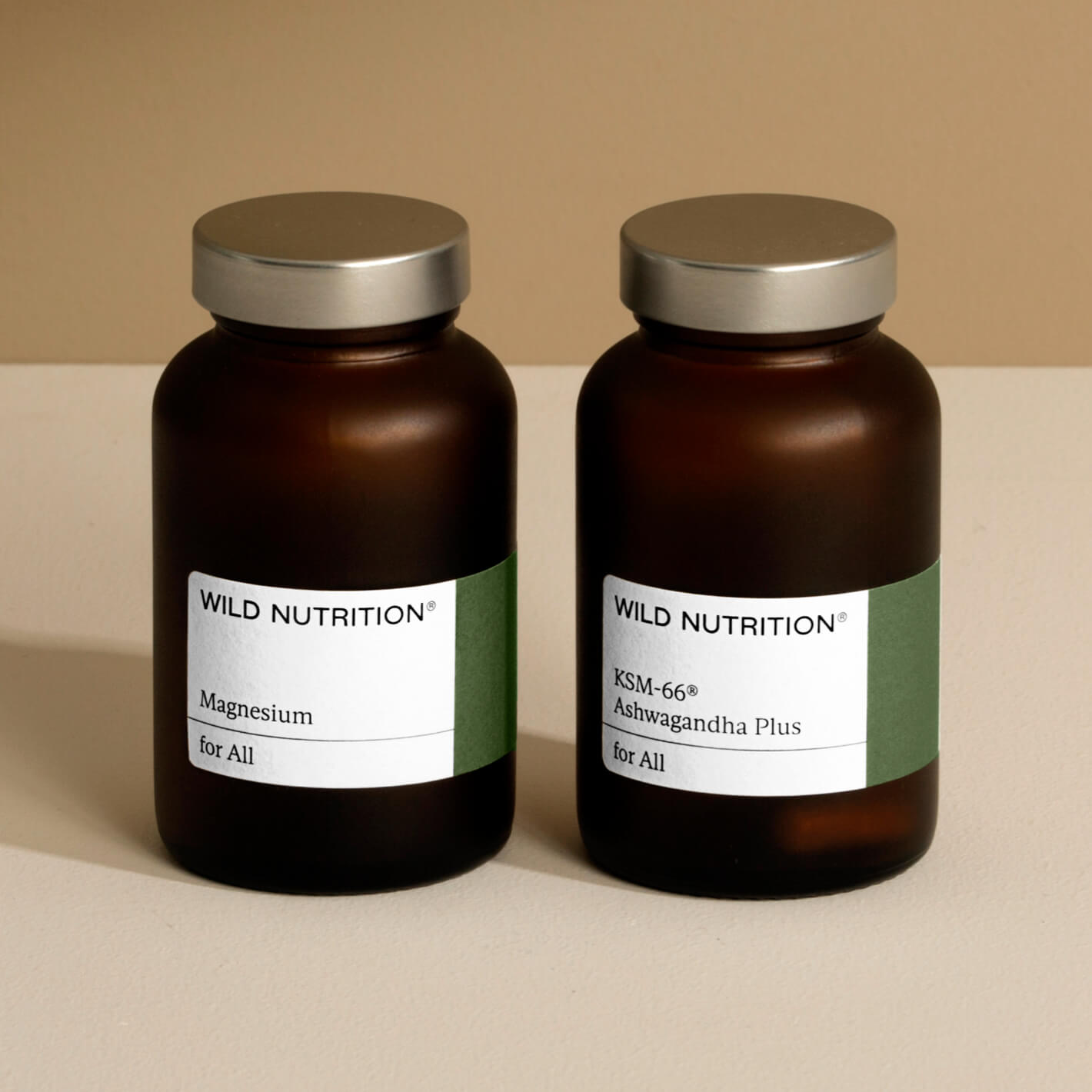 Night Time Duo pouch refill featuring Wild Nutrition Magnesium and KSM-66 Ashwagandha Plus bottles.