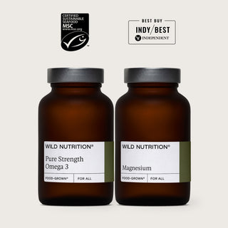 Wild Nutrition Pure Strength Omega 3 and Food-Grown® Magnesium bottles with MSC sustainable certification and Indy Best award recognition.
