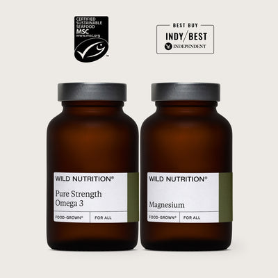 Wild Nutrition Pure Strength Omega 3 and Food-Grown® Magnesium bottles with MSC sustainable certification and Indy Best award recognition.