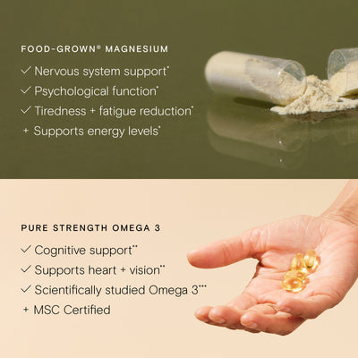 Wild Nutrition Food-Grown® Magnesium and Pure Strength Omega 3 supplements with benefits for nervous system, energy, cognitive support, and heart health.