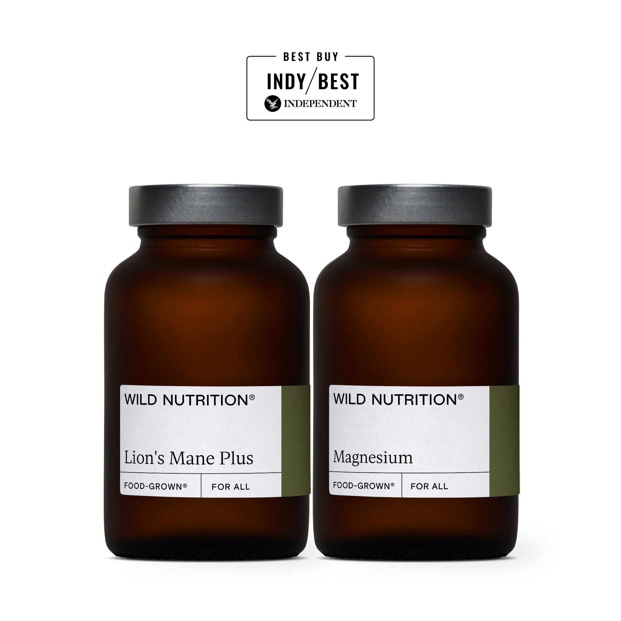 A jar of Wild Nutrition's Lion's Mane Plus and a jar of Wild Nutrition's Magnesium with the Indy/Best Independent 'Best Buy' tag