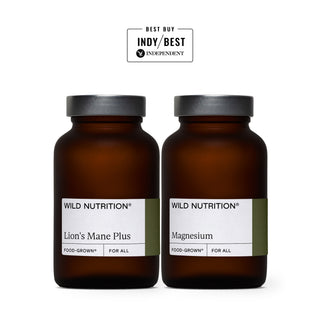 Photo of Wild Nutrition's Brain Resilience Duo, consisting of a jar of Lion's Mane Plus and Magnesium