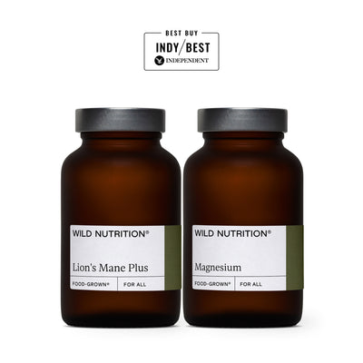 Photo of Wild Nutrition's Brain Resilience Duo, consisting of a jar of Lion's Mane Plus and Magnesium