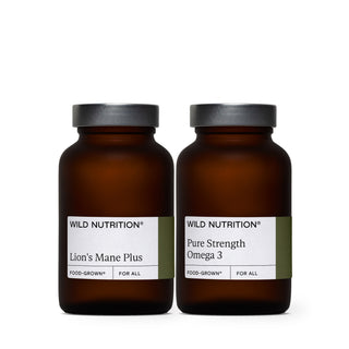Wild Nutrition's Brain Longevity Duo, consisting of a jar of Lion's Mane Plus and a jar of Omega 3