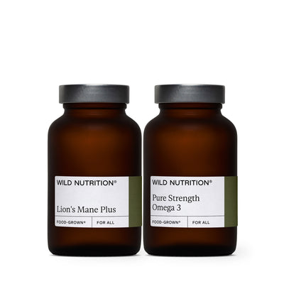 Wild Nutrition's Brain Longevity Duo, consisting of a jar of Lion's Mane Plus and a jar of Omega 3
