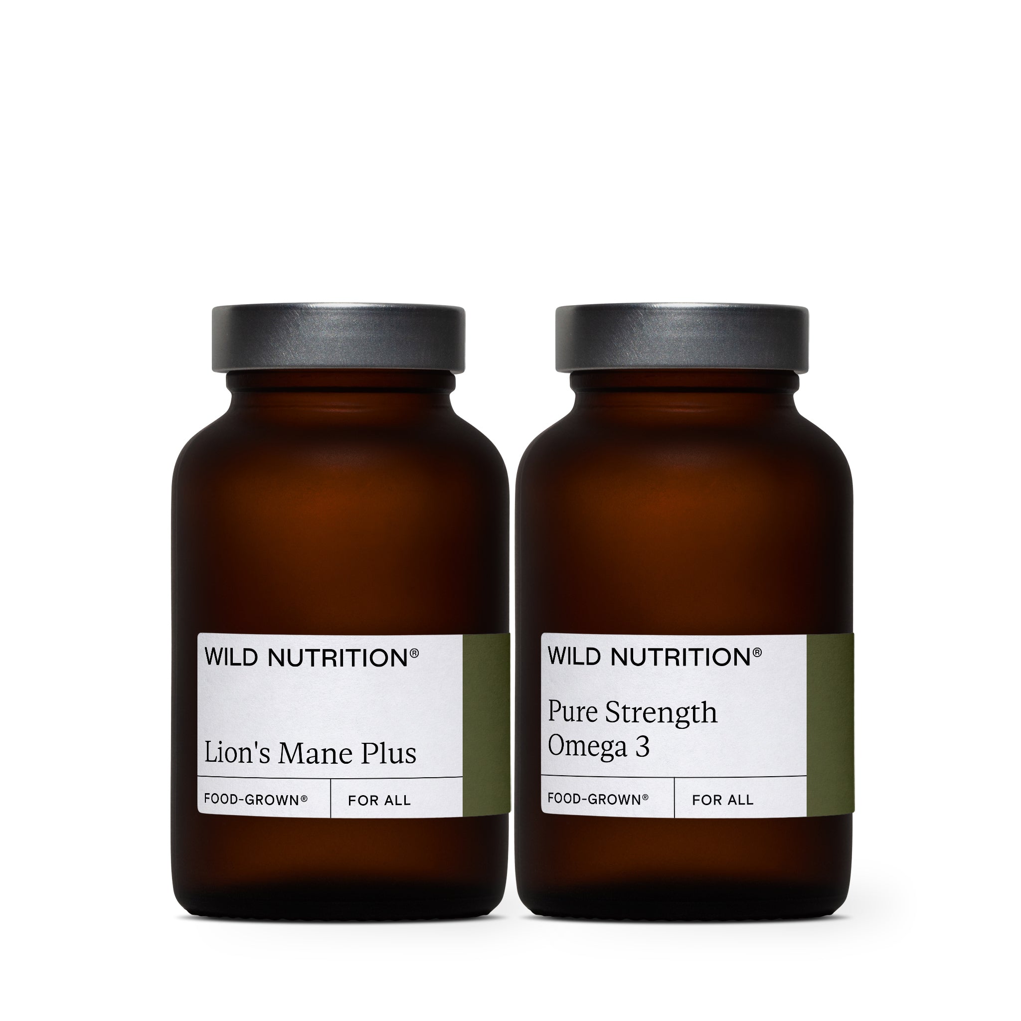 Photo of Wild Nutrition's Brain Longevity Duo, consisting of a jar of Lion's Mane plus and Omega 3