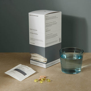 Daily Essential supplements for mens fertility - sachet box, open sachet and supplements