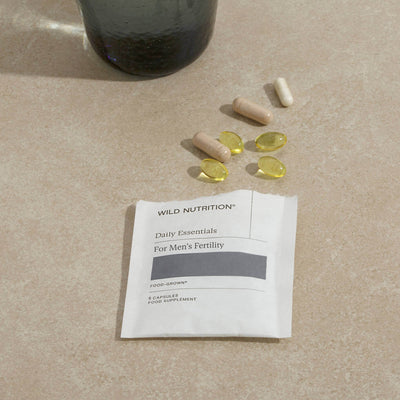 Open sachet of daily essentials for men's fertility 