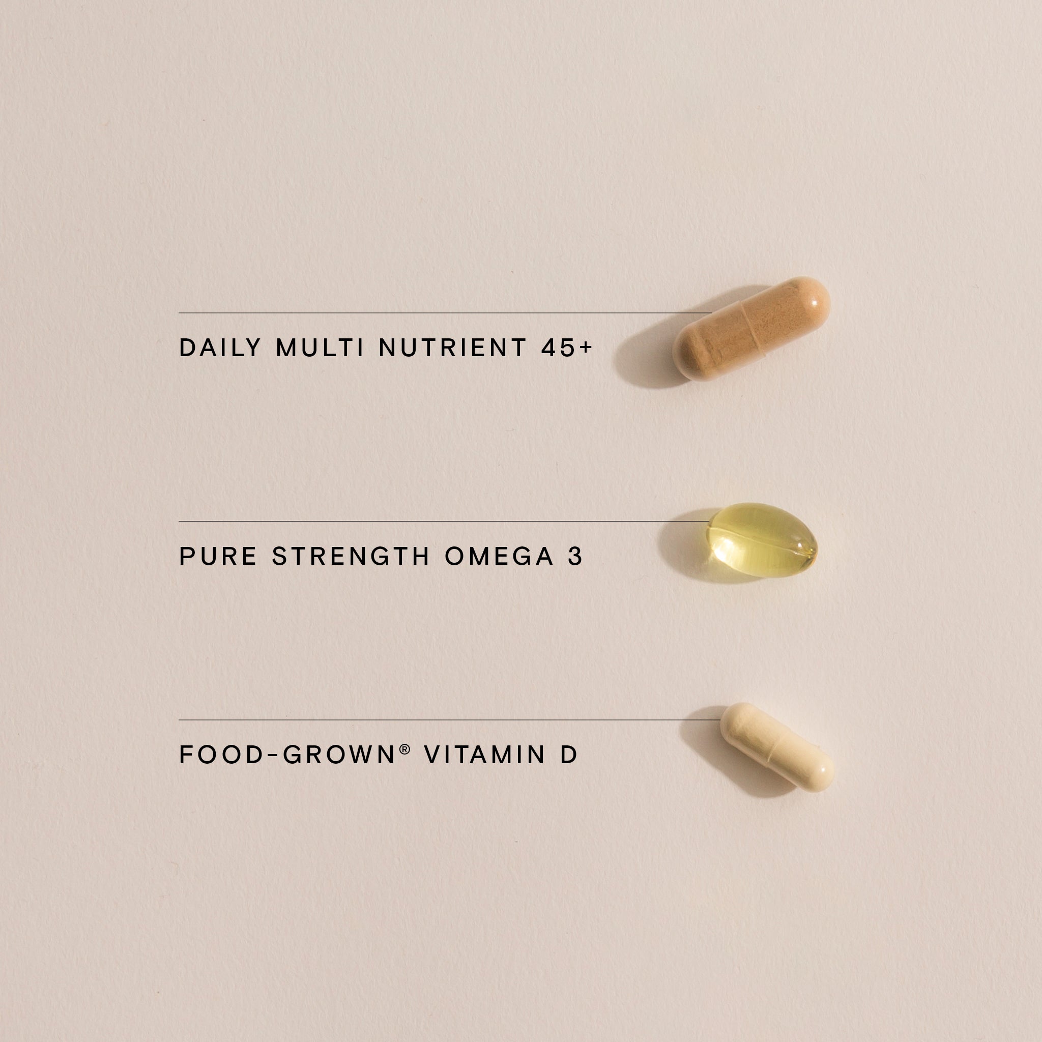 Three individual Wild Nutrition capsules labeled Daily Multi Nutrient 45+, Pure Strength Omega 3, and Food-Grown Vitamin D on neutral background