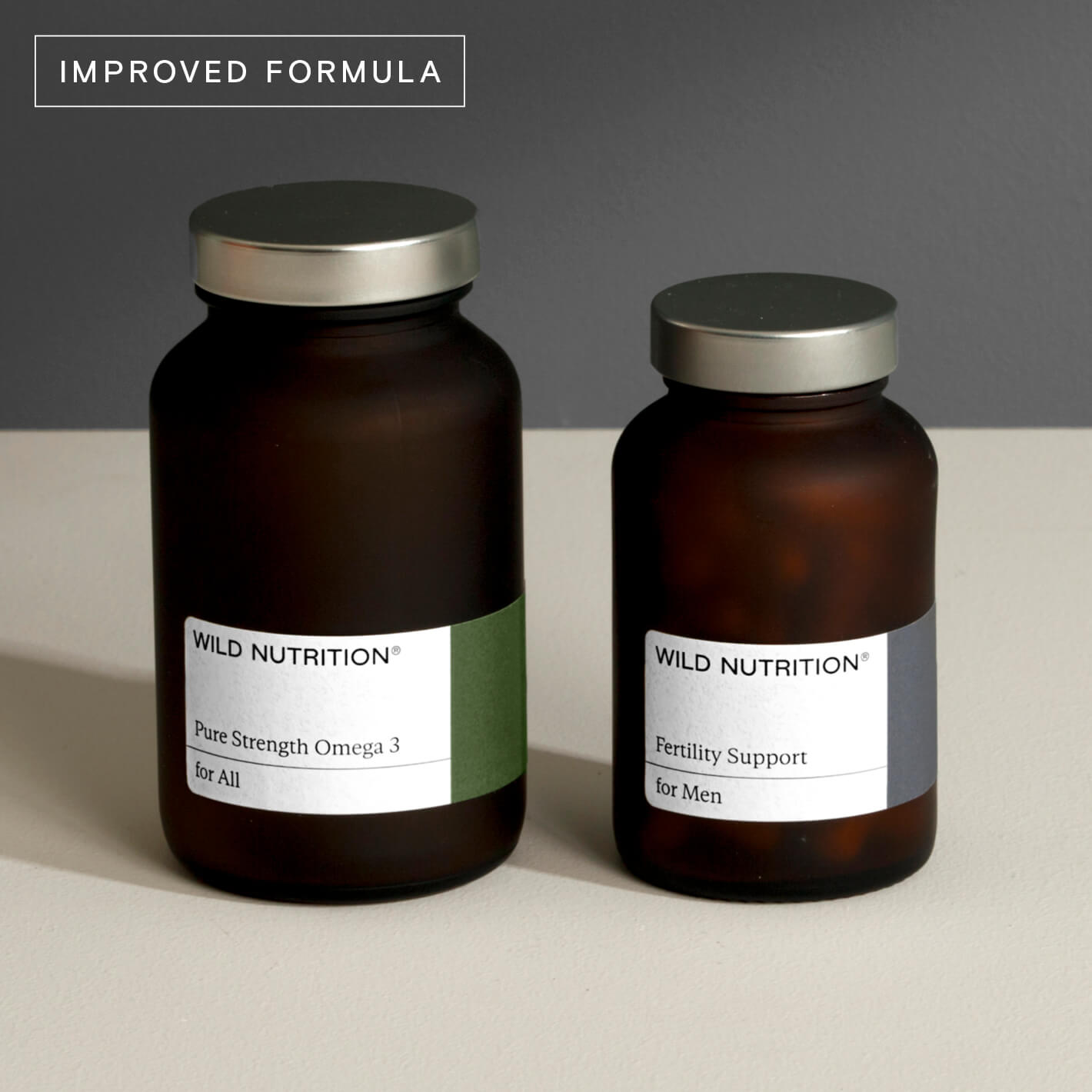 Men's Fertility Duo pouch refill featuring Pure Strength Omega 3 and Fertility Support for Men bottles.