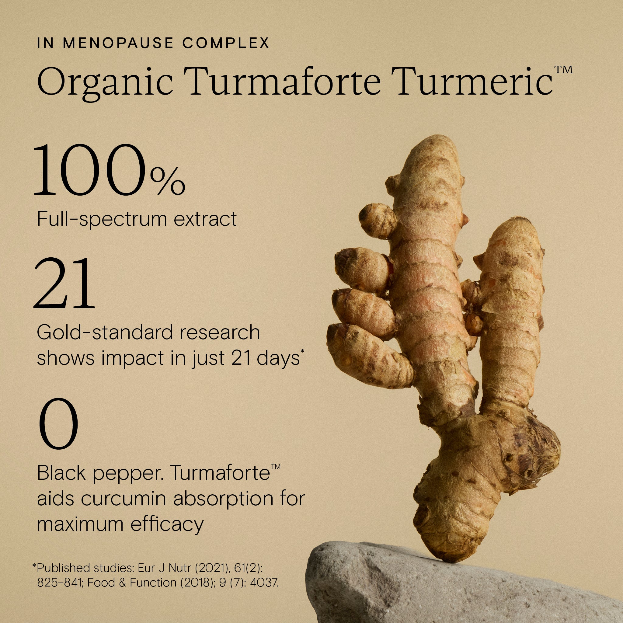 Science-backed statistics for Organic Turmaforte Turmeric with turmeric root on beige background