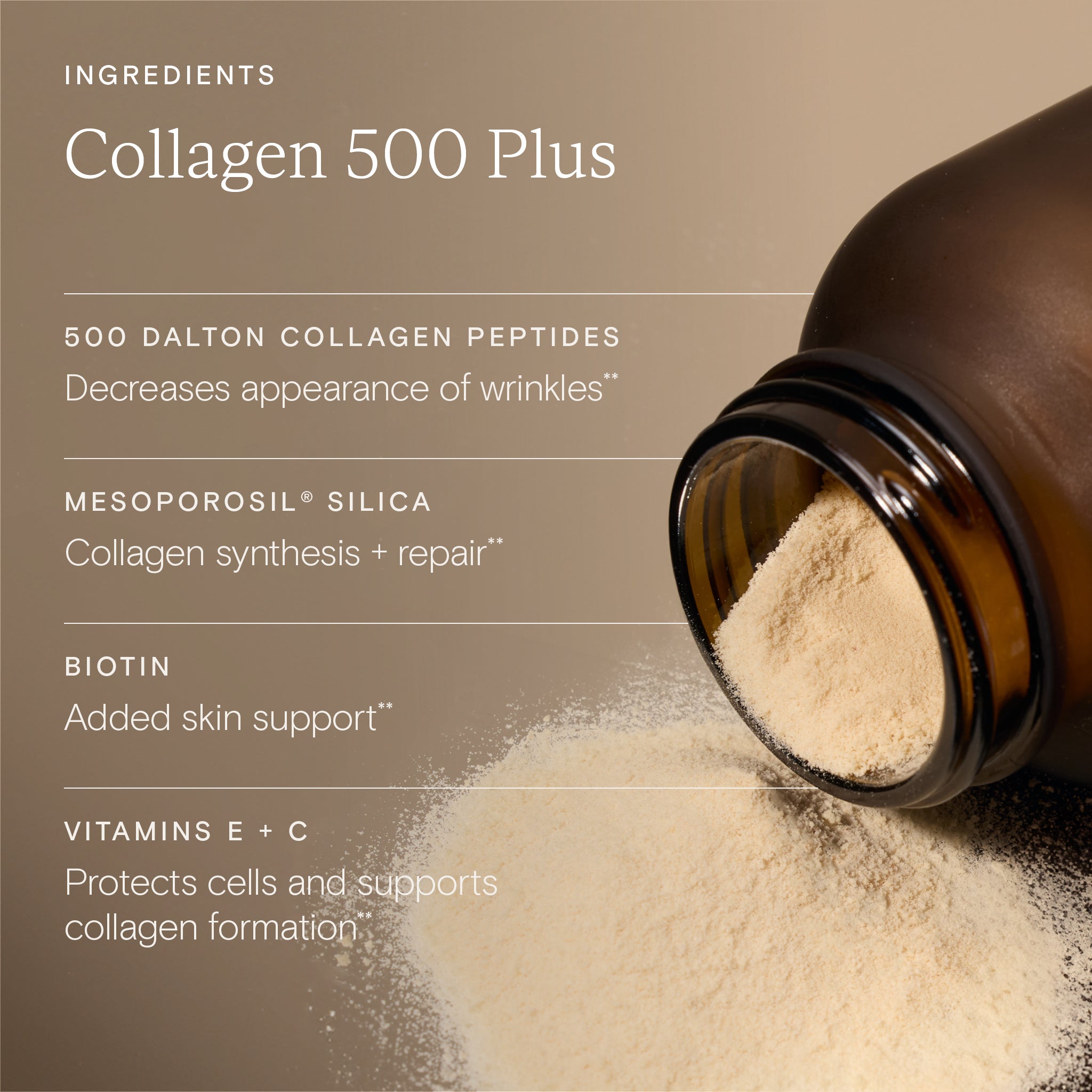 Collagen powder with a brown bottle on a beige background, featuring ingredient details.
