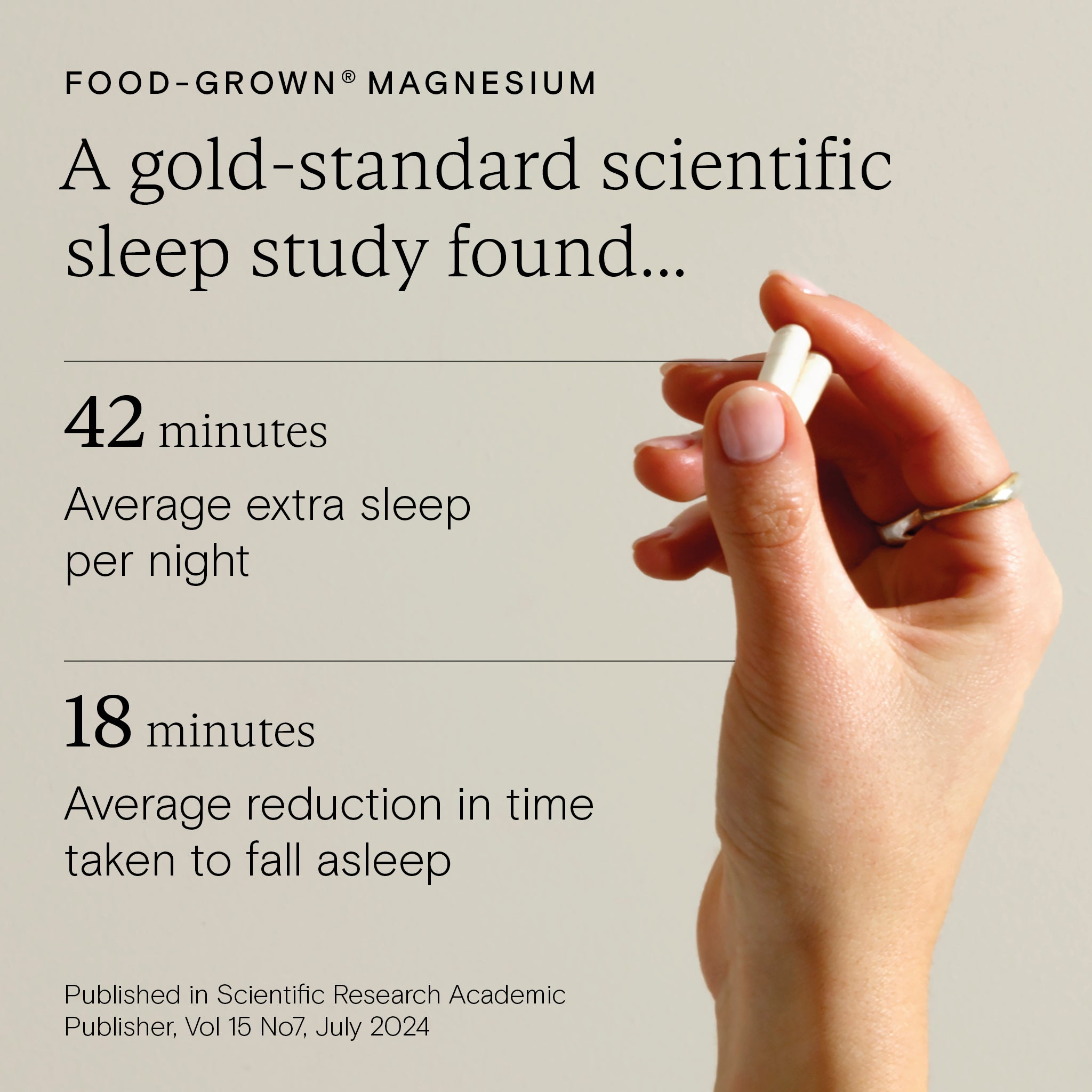 Infographic on Food-Grown® Magnesium study showing extra sleep time and reduced sleep onset time.