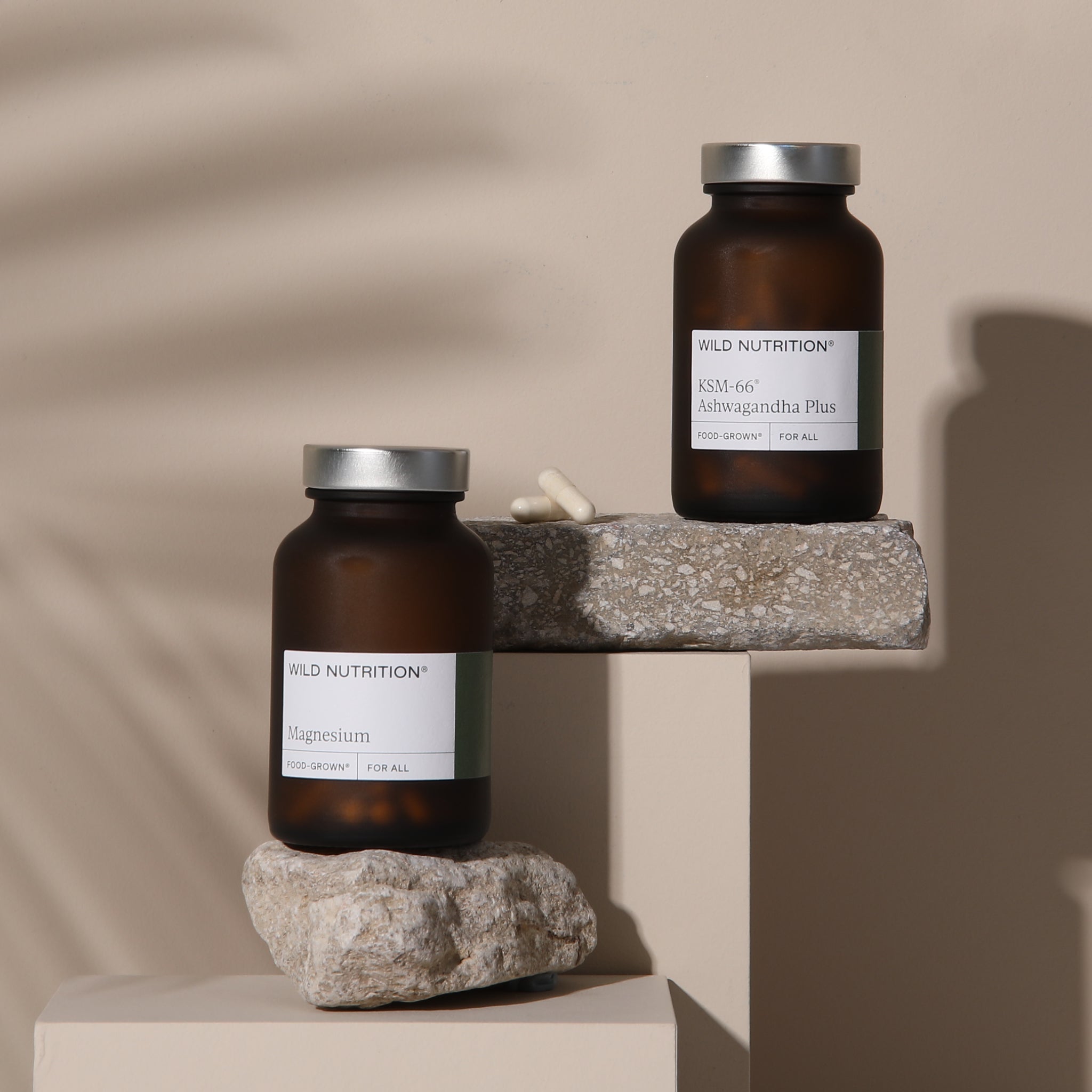 Night Time Duo supplements: Magnesium and KSM-66 Ashwagandha for relaxation and improved sleep quality.