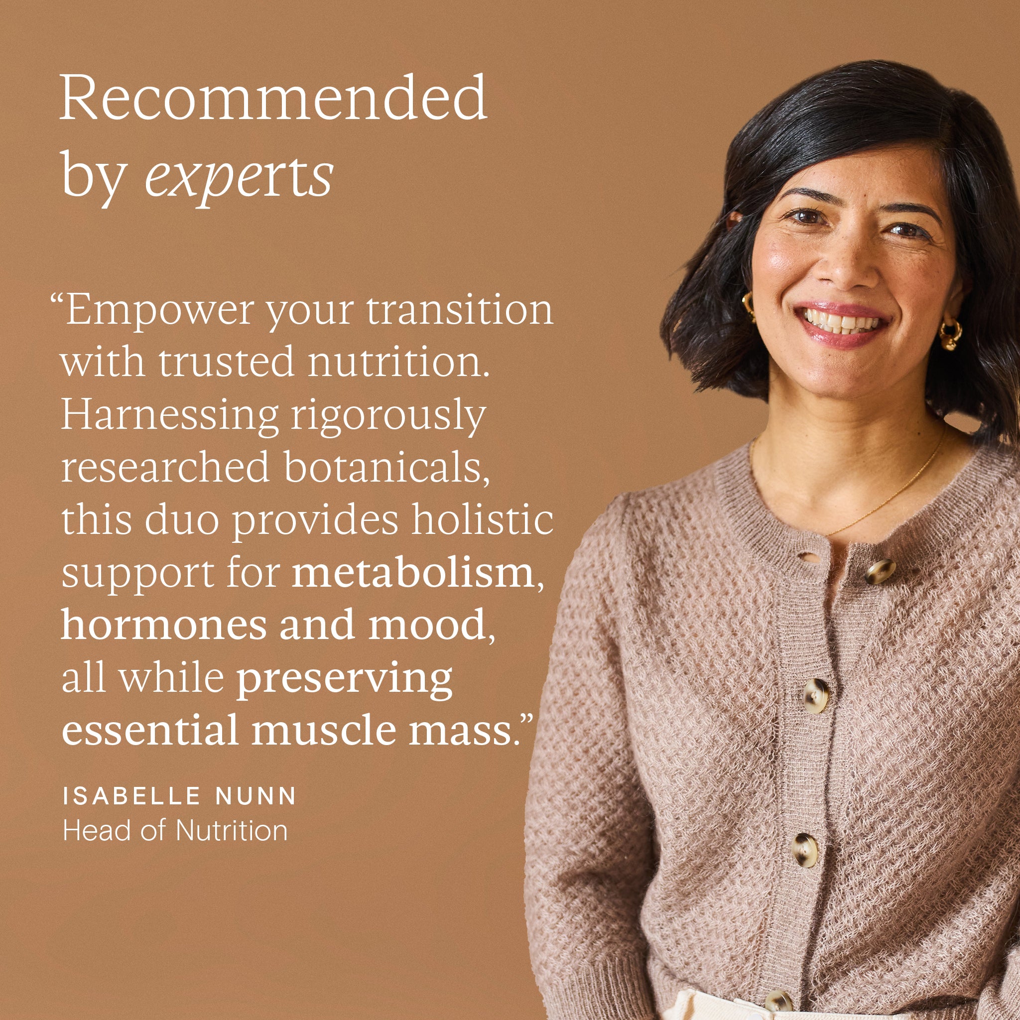 Woman in a brown cardigan with text about nutrition on a brown background