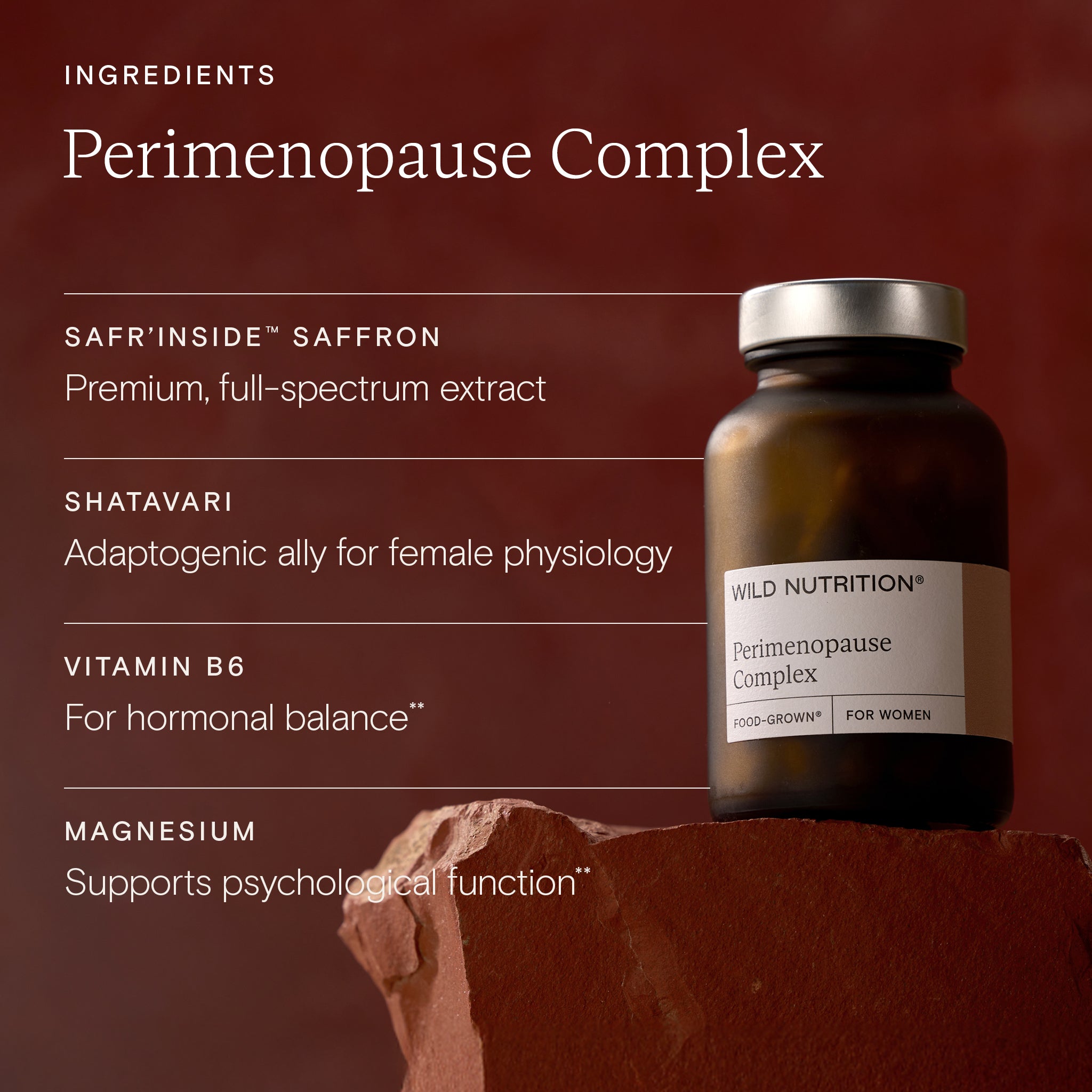 Perimenopause Complex supplement bottle with ingredients listed on a red background