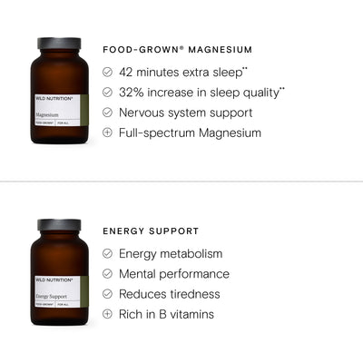 Two jars of Wild Nutrition supplements with text highlighting benefits on a white background.