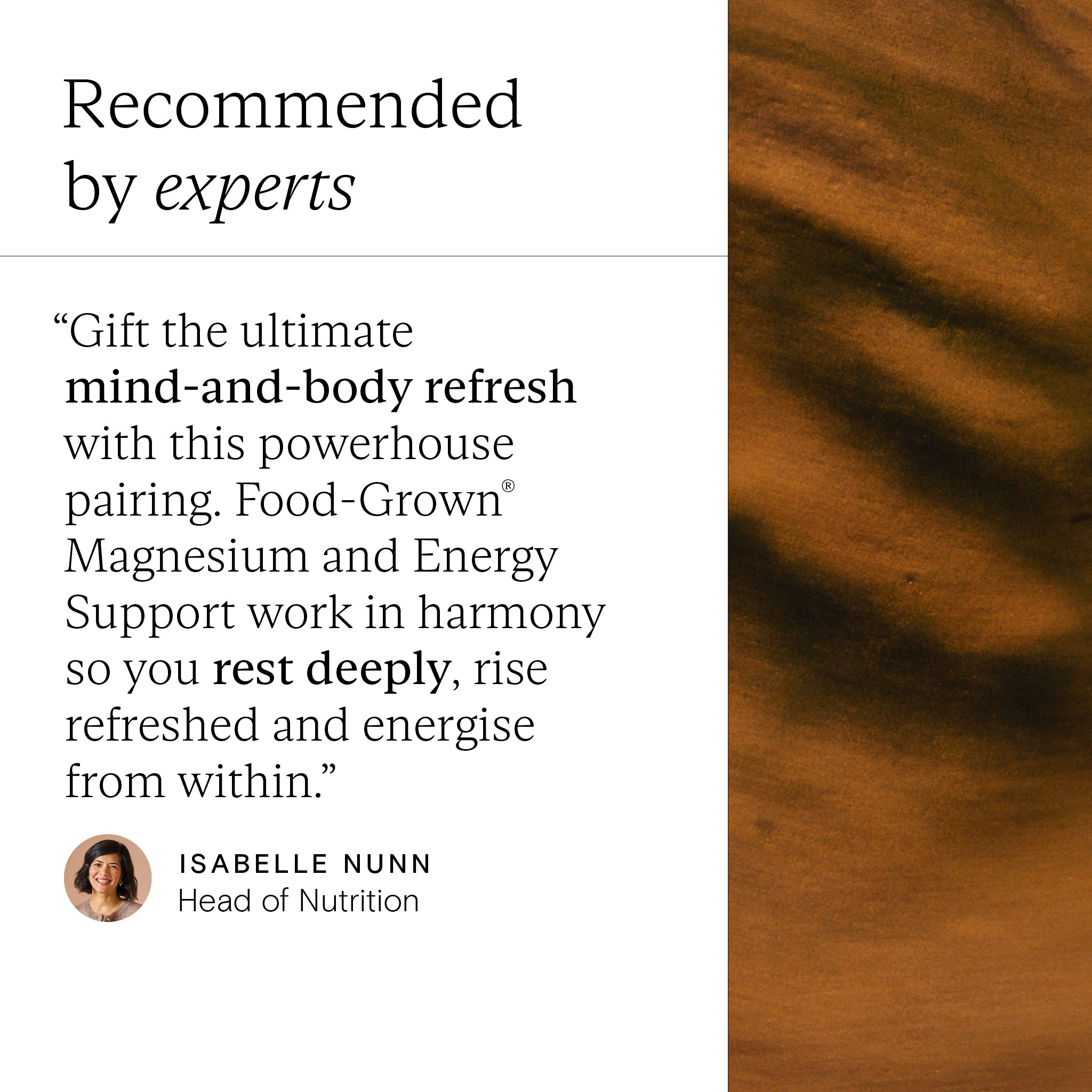 Product advertisement with text and a brown background