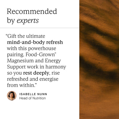 Product advertisement with text and a brown background