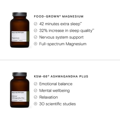 Two bottles of Wild Nutrition supplements with text highlighting benefits on a white background.