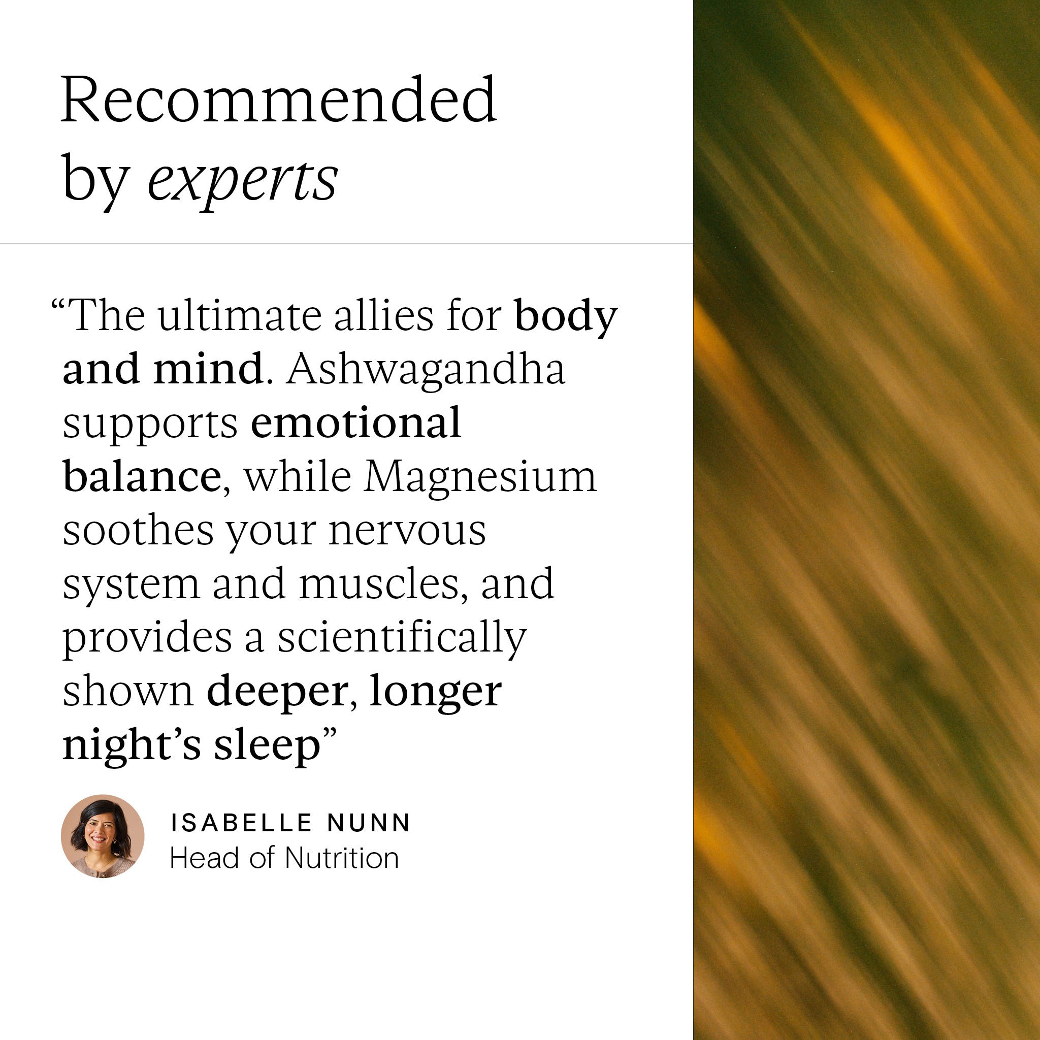 Text on a white background with a green and brown abstract pattern on the right side, featuring a quote about Ashwagandha and Magnesium.