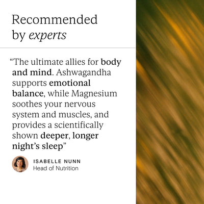 Text on a white background with a green and brown abstract pattern on the right side, featuring a quote about Ashwagandha and Magnesium.