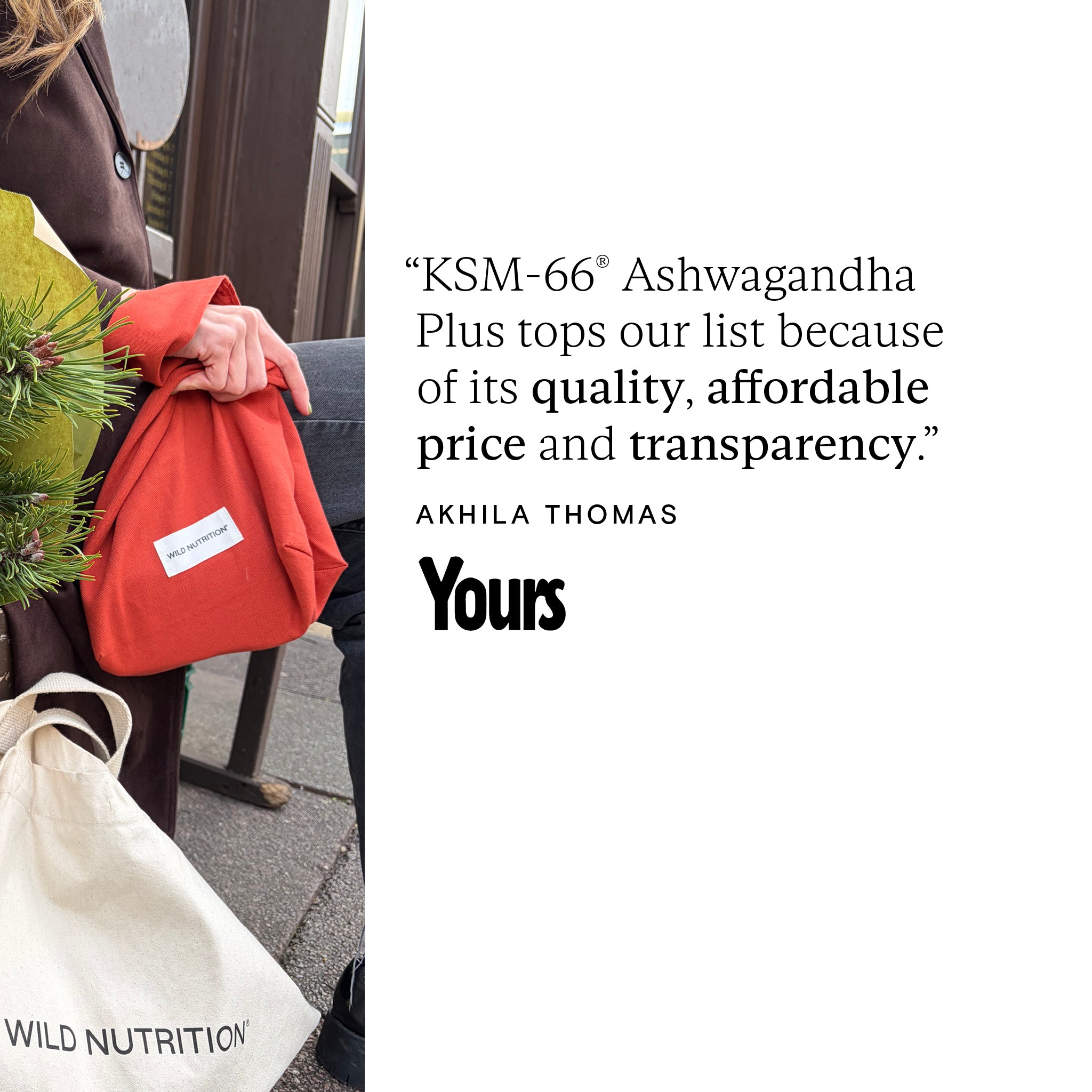 Person holding a red bag with a quote about KSM-66 Ashwagandha Plus on a white background.