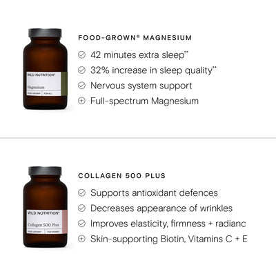 Two bottles of Wild Nutrition supplements with text highlighting their benefits on a white background.